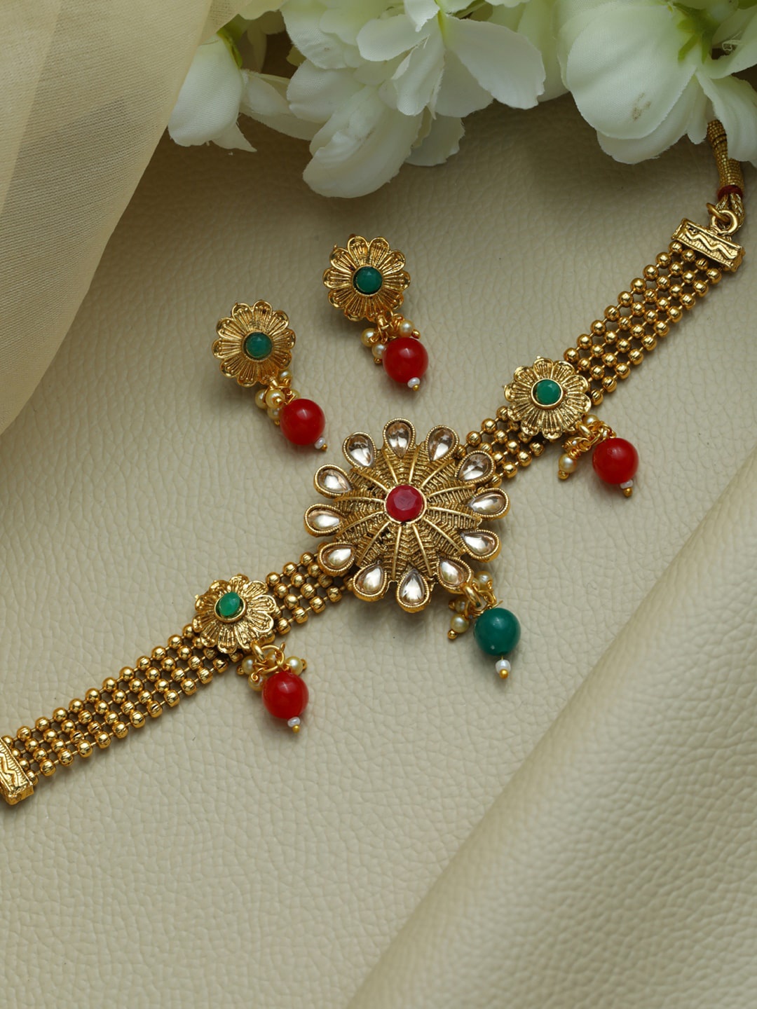 

Priyaasi Gold-Plated Red & Green Stone-Studded Jewellery Set