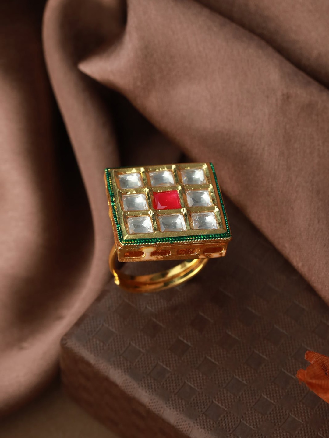 

Priyaasi Gold-Plated Red & Green Kundan Studded Block Finger Ring