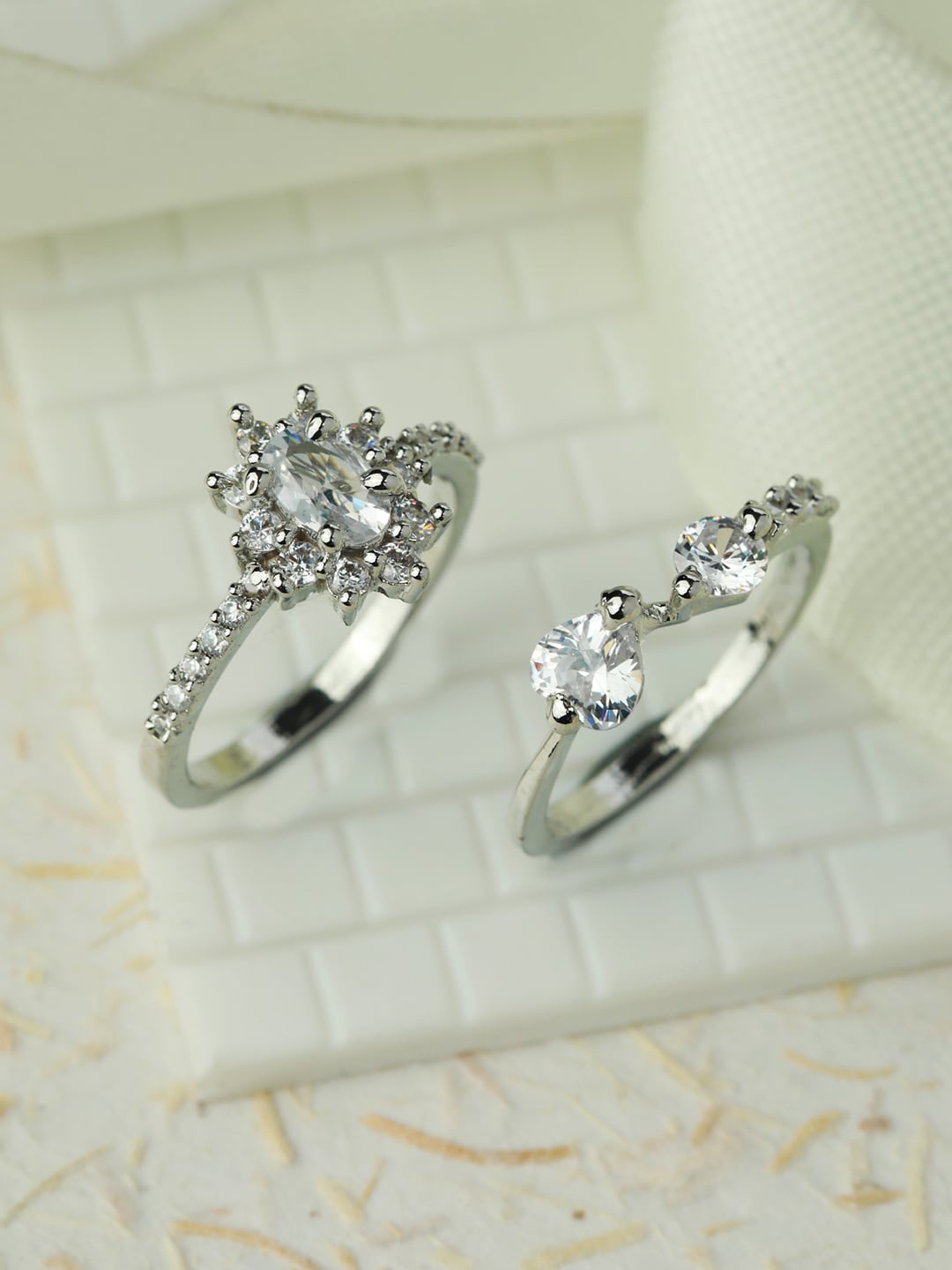 

Priyaasi Women Set Of 2 Silver Plated AD Studded Finger Rings