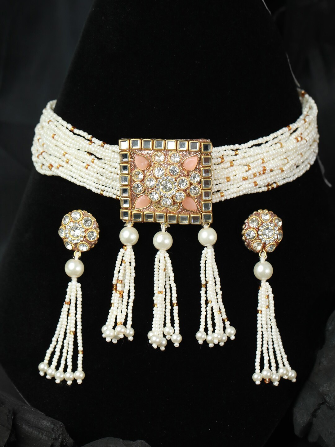 

Priyaasi Gold-Plated Pink Studded Floral Block Choker Jewellery Set, White