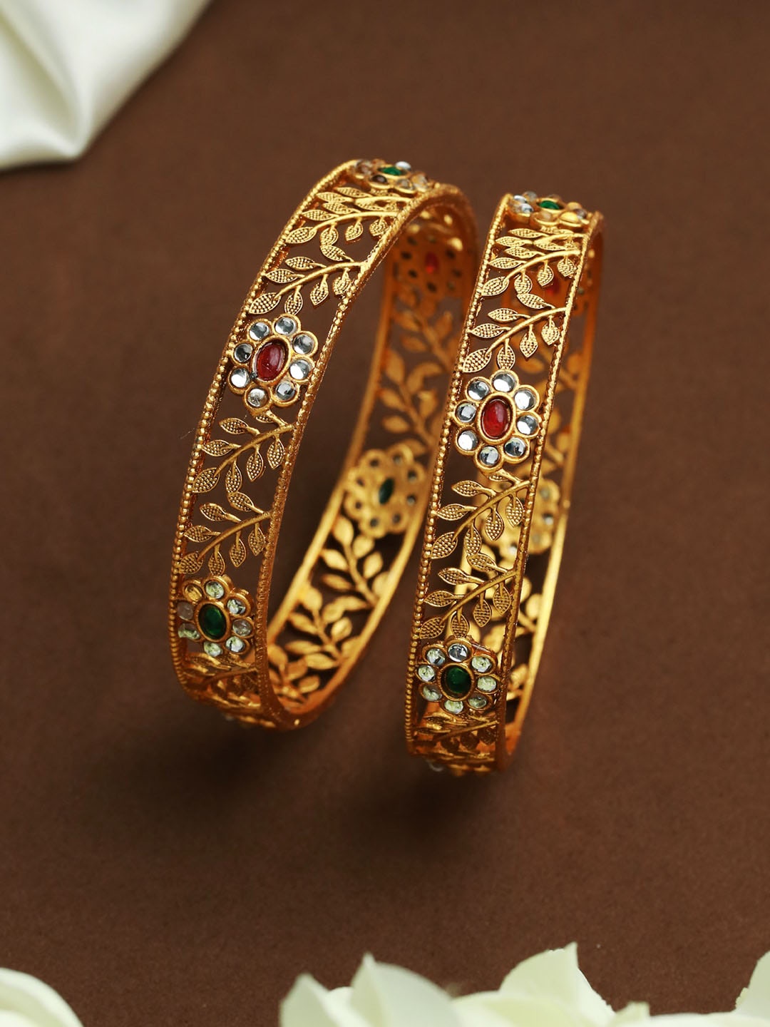 

Priyaasi Set Of 2 Gold-Plated & Green Stone Studded Floral Bangles