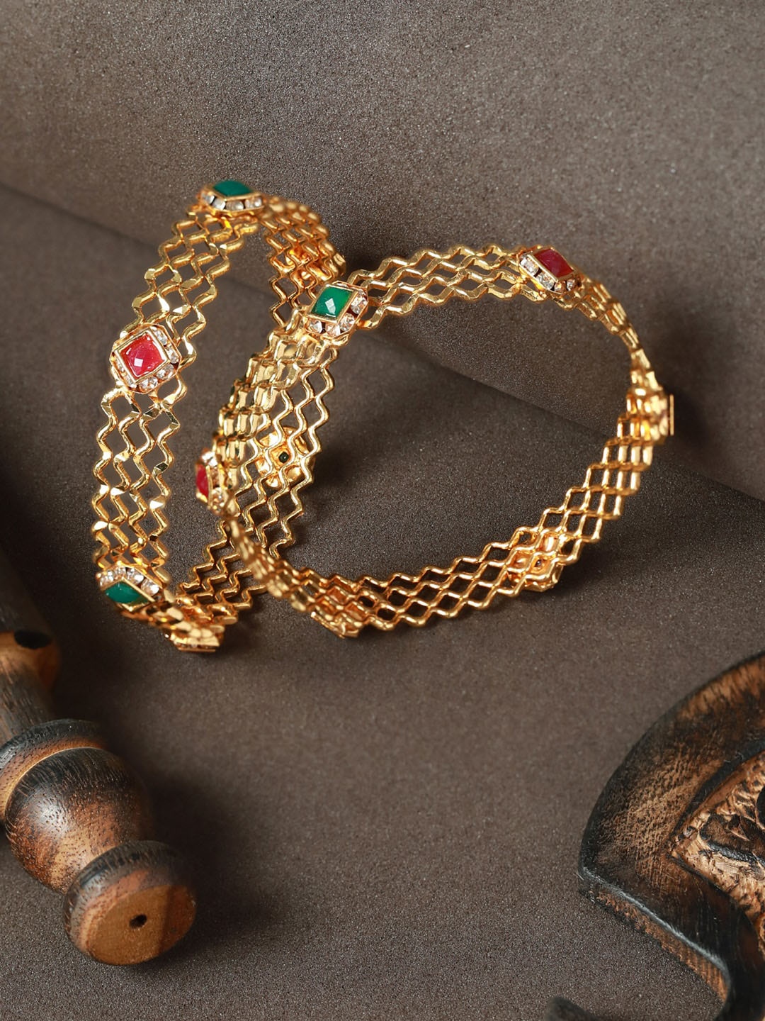 

Priyaasi Set Of 2 Green and Gold-Plated Studded Geometric Bangles