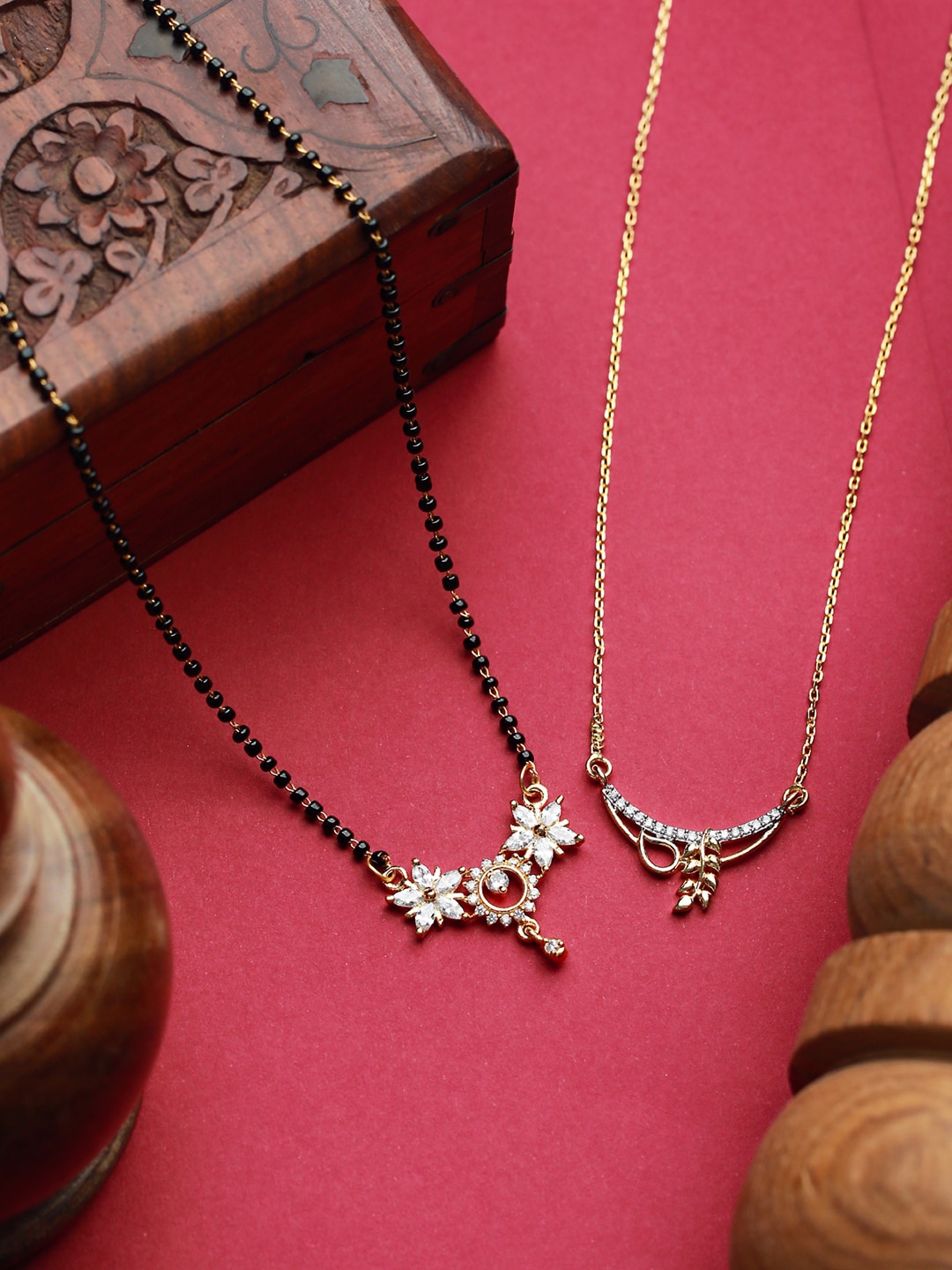 

Priyaasi Set of 2 Gold Plated Floral Black Beaded Mangalsutra
