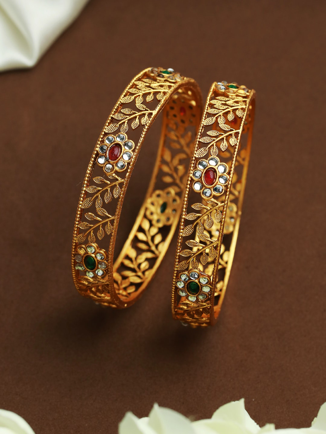 

Priyaasi Women Set of 2 Gold-Plated Green & Ruby Red Floral Stone Studded Bangles