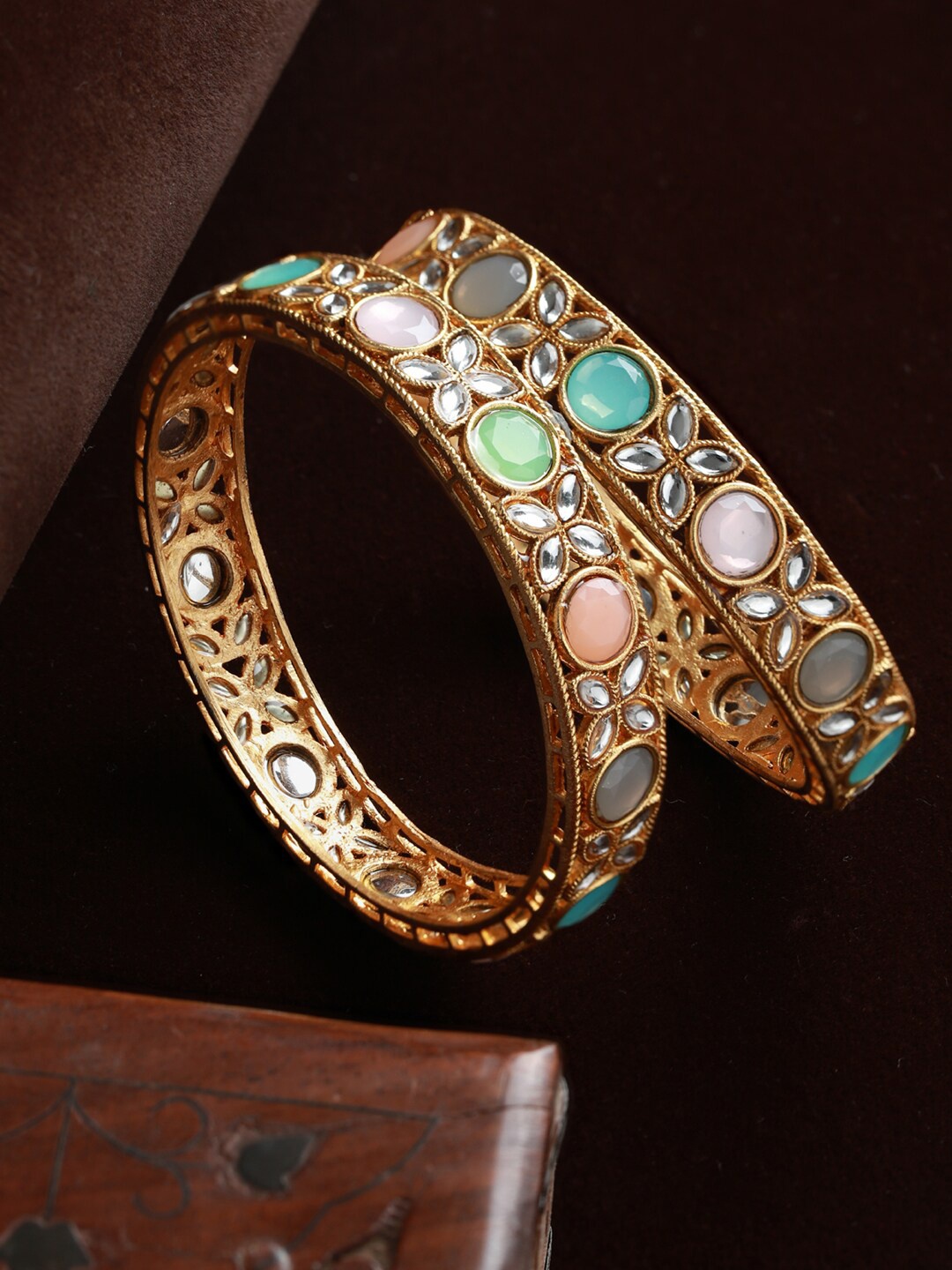 

Priyaasi Set Of 2 Gold-Plated Floral Patel Artificial Stone Studded Bangle