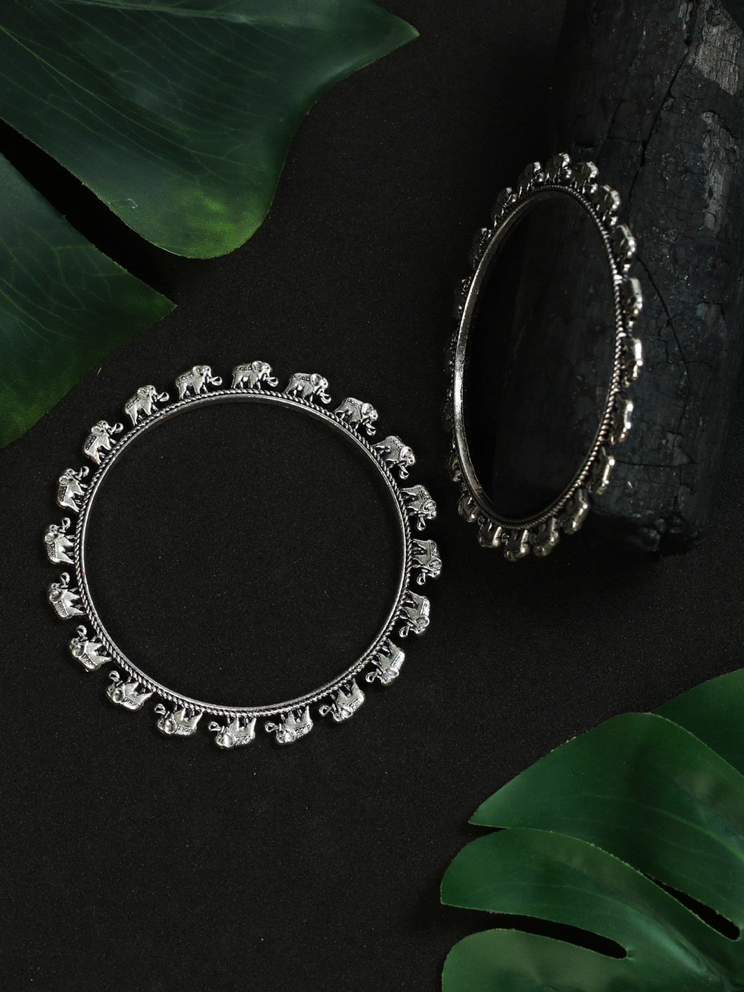 

Priyaasi Set Of 2 Silver-Plated Oxidized Bangles