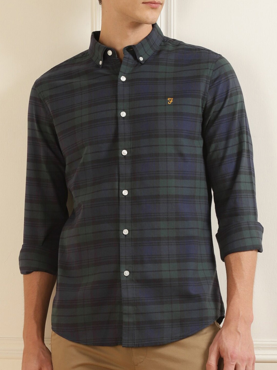 

Farah Men Navy Blue Tartan Checks Button Down Collar Casual Shirt