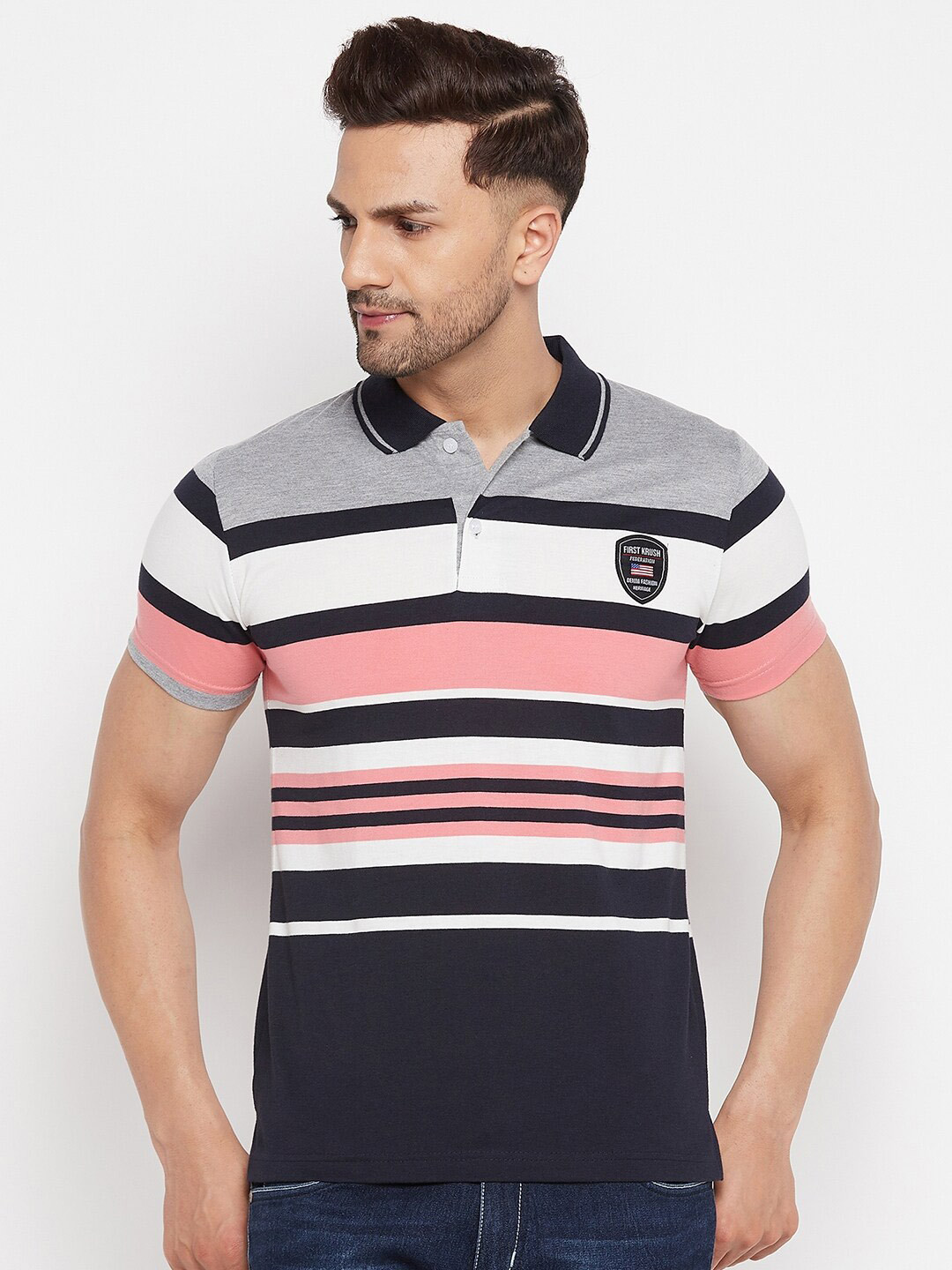 

FirstKrush Men Pink & White Striped Polo Collar T-shirt