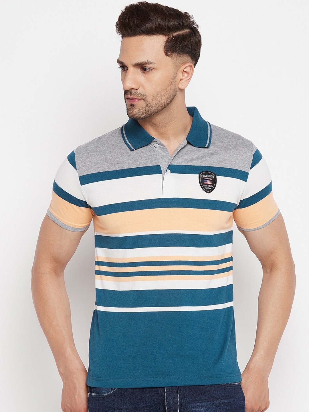

FirstKrush Men Peach-Coloured Striped Polo Collar T-shirt