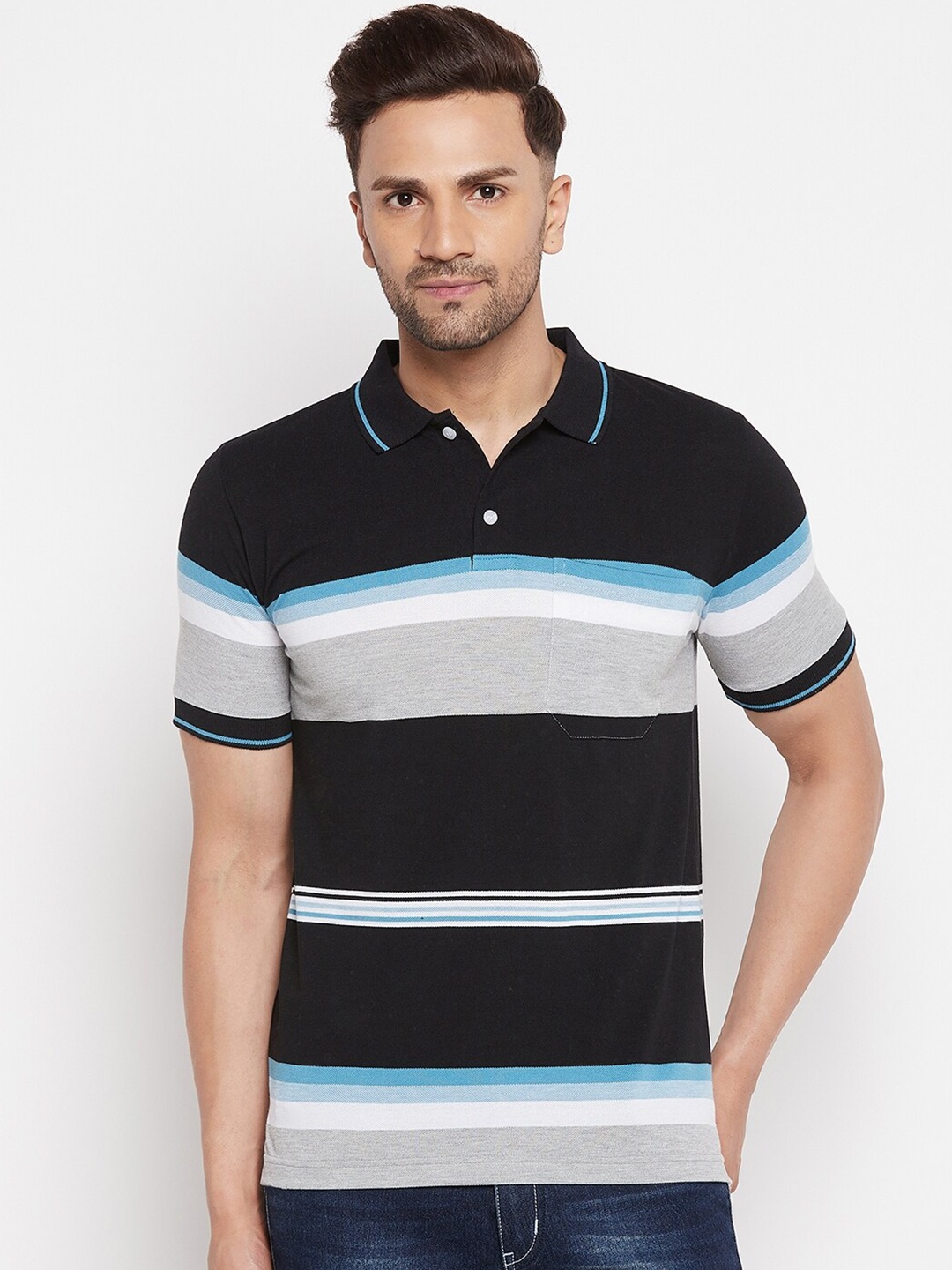 

FirstKrush Men Black Striped Polo Collar T-shirt