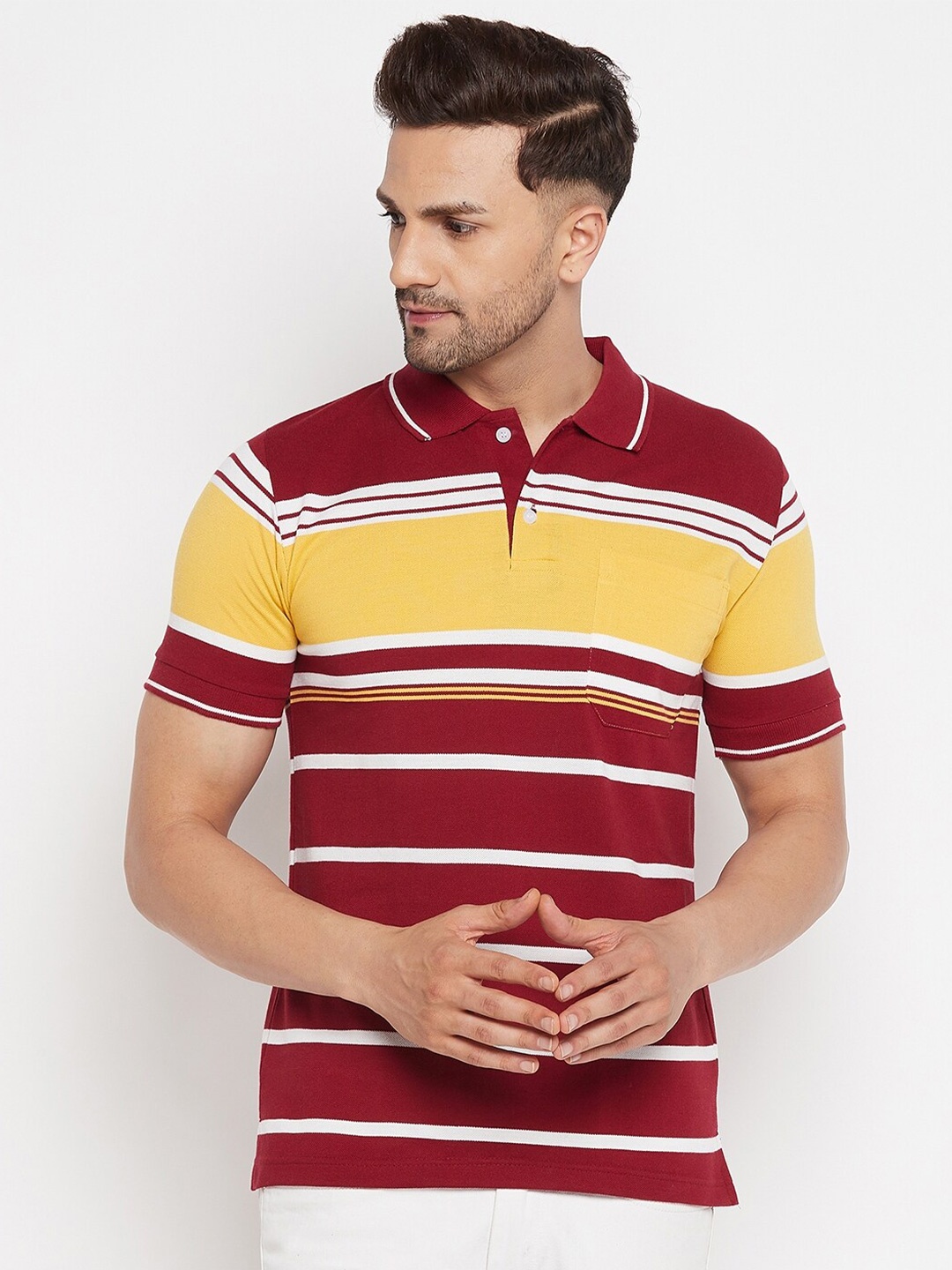 

FirstKrush Men Maroon & Yellow Striped Polo Collar T-shirt
