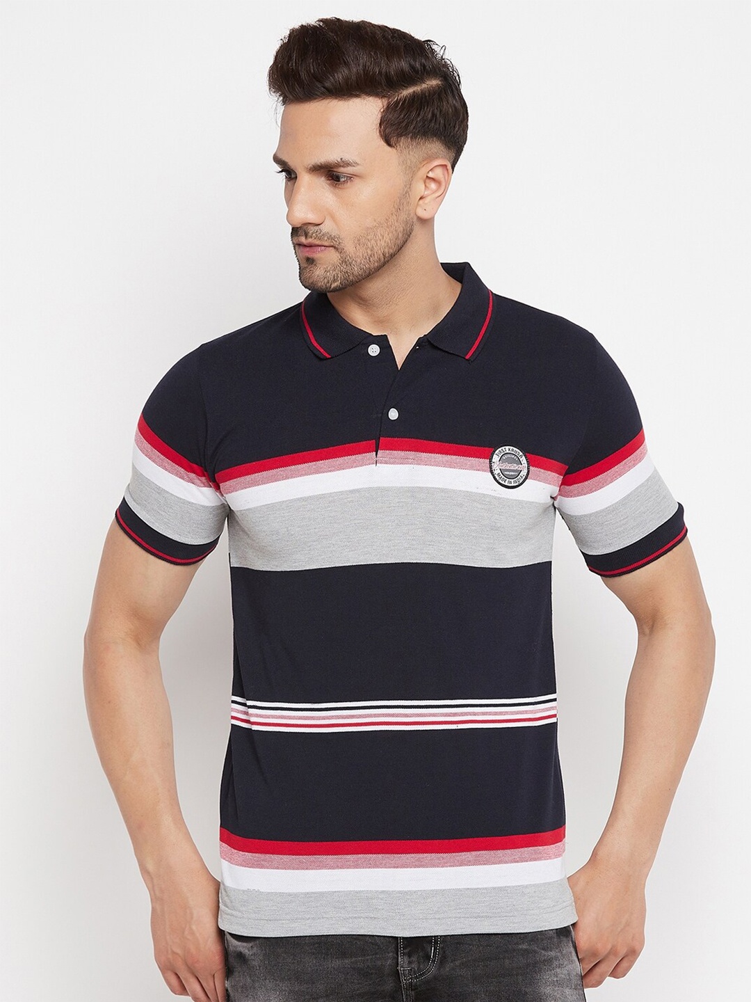 

FirstKrush Men Navy Blue Striped Cotton Polo Collar T-shirt