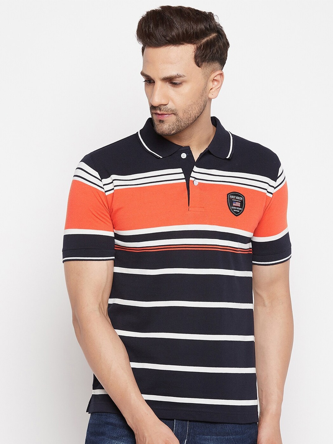 

FirstKrush Men Black & Coral Striped Cotton Polo Collar T-shirt