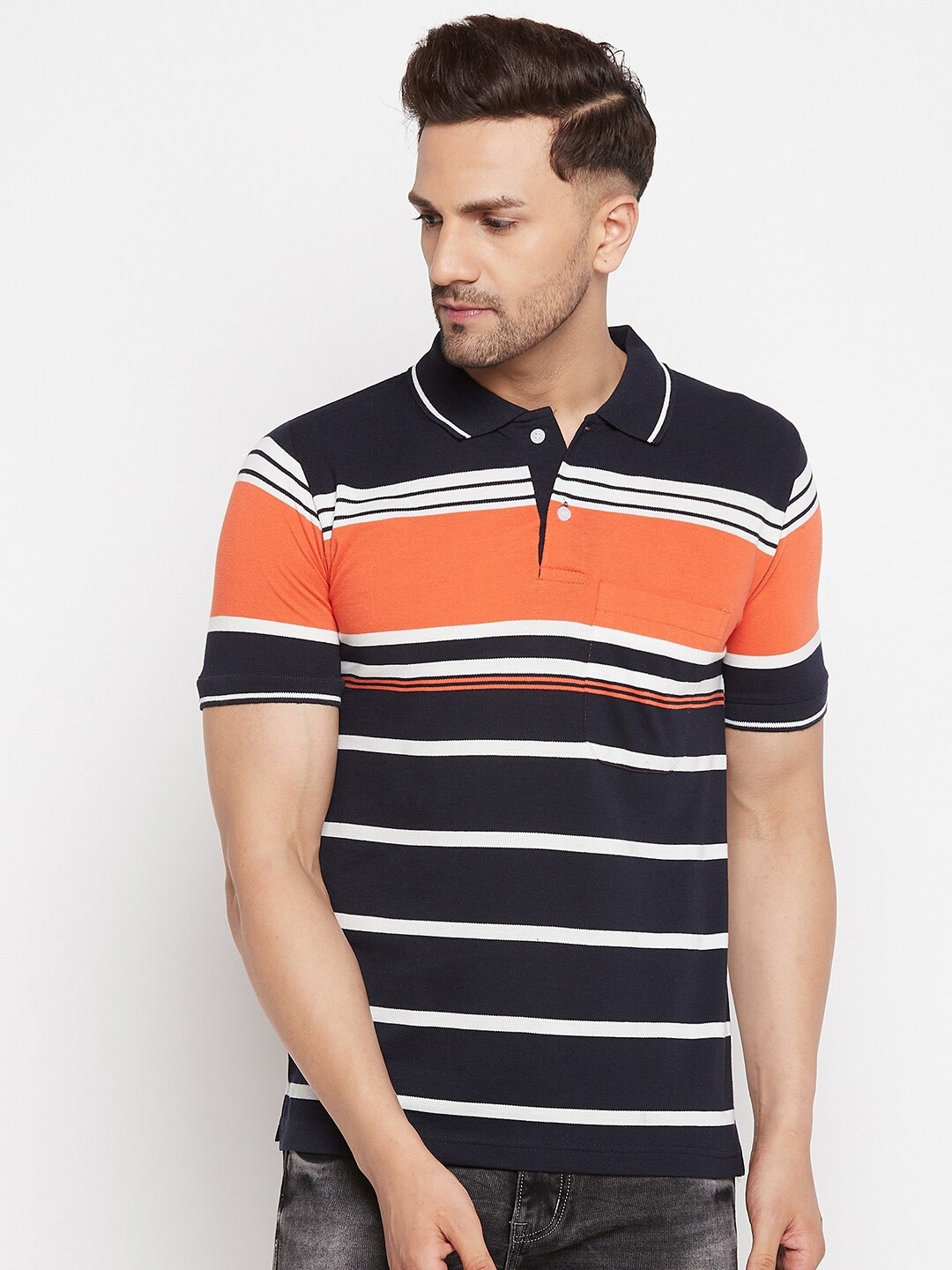 

FirstKrush Men Black & White Striped Polo Collar T-shirt