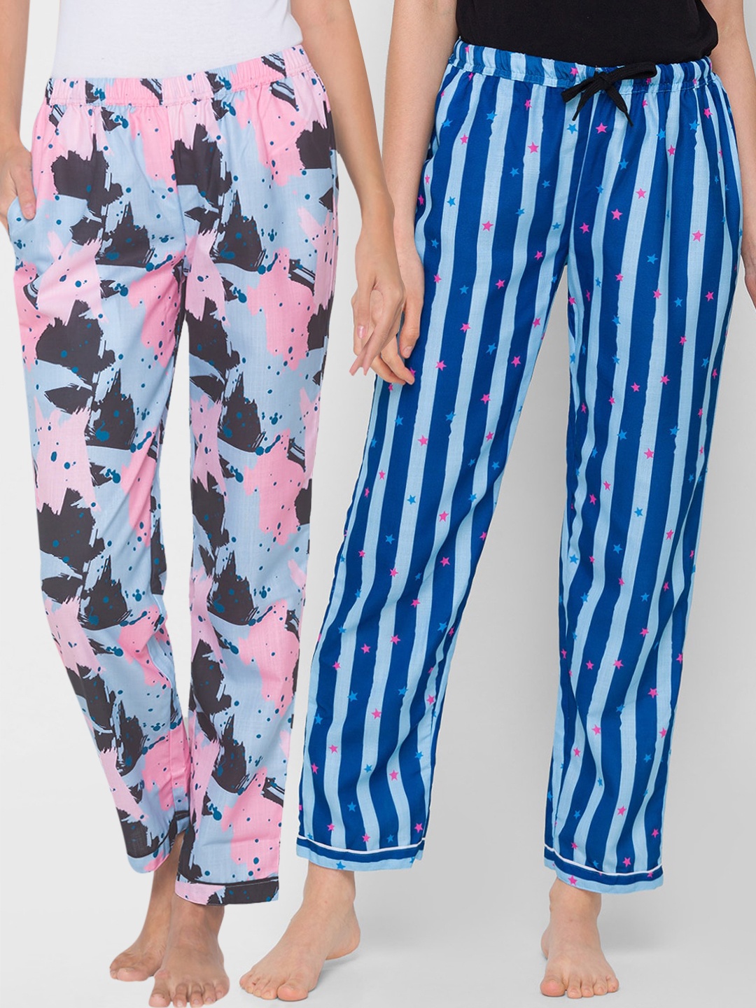 

FashionRack Women Pack of 2 Blue & Pink Printed Cotton Lounge Pants