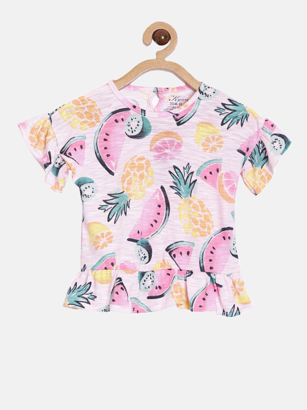 

Kryptic Kids-Girls Pink & Green Pineapple Watermelon Print Peplum Top