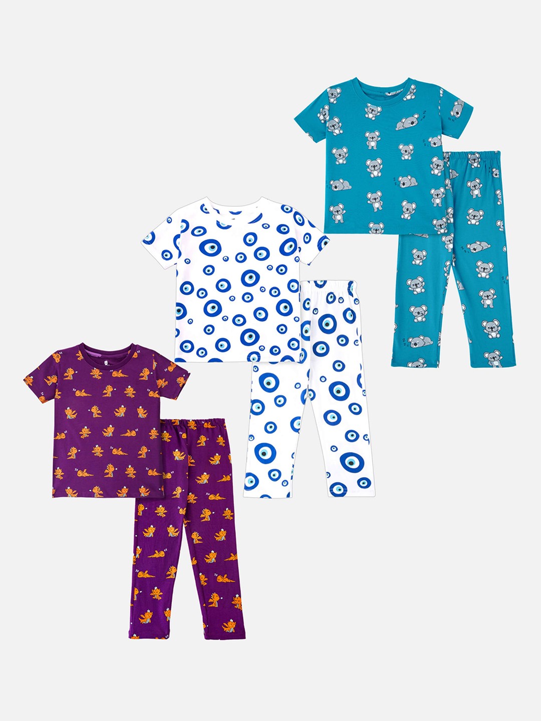 

Cuddles for Cubs Kids Pack of 3 Printed Pure Cotton Night Suits, Purple