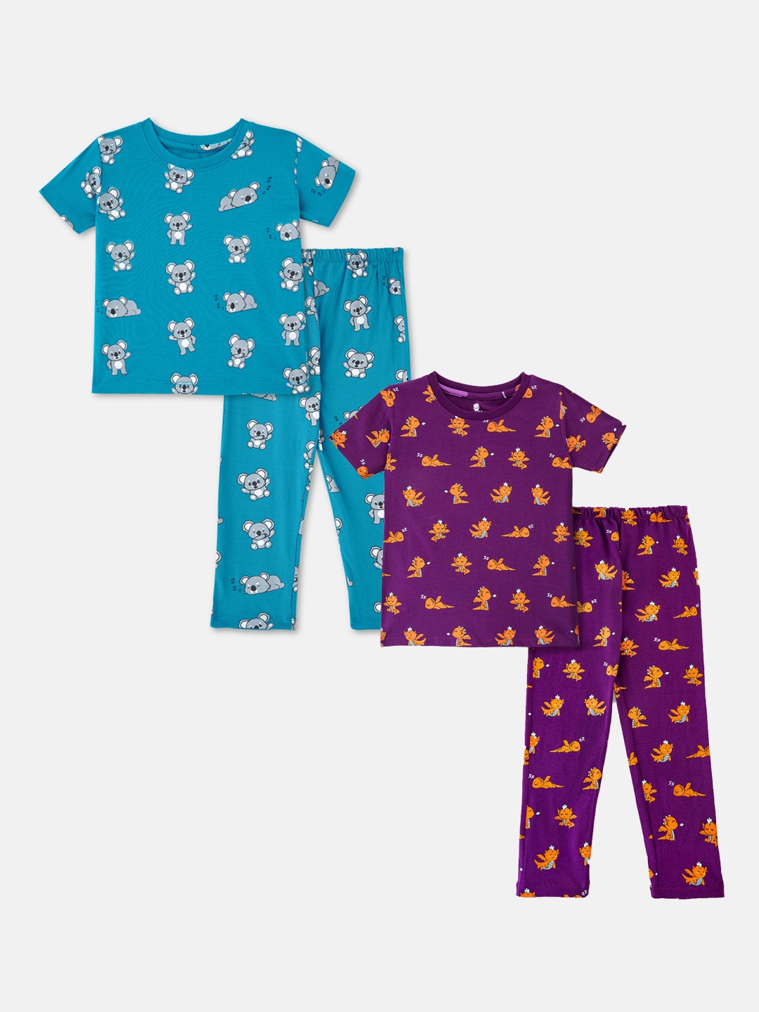 

Cuddles for Cubs Unisex Kids Pack of 2 Purple & Blue Printed Night suit