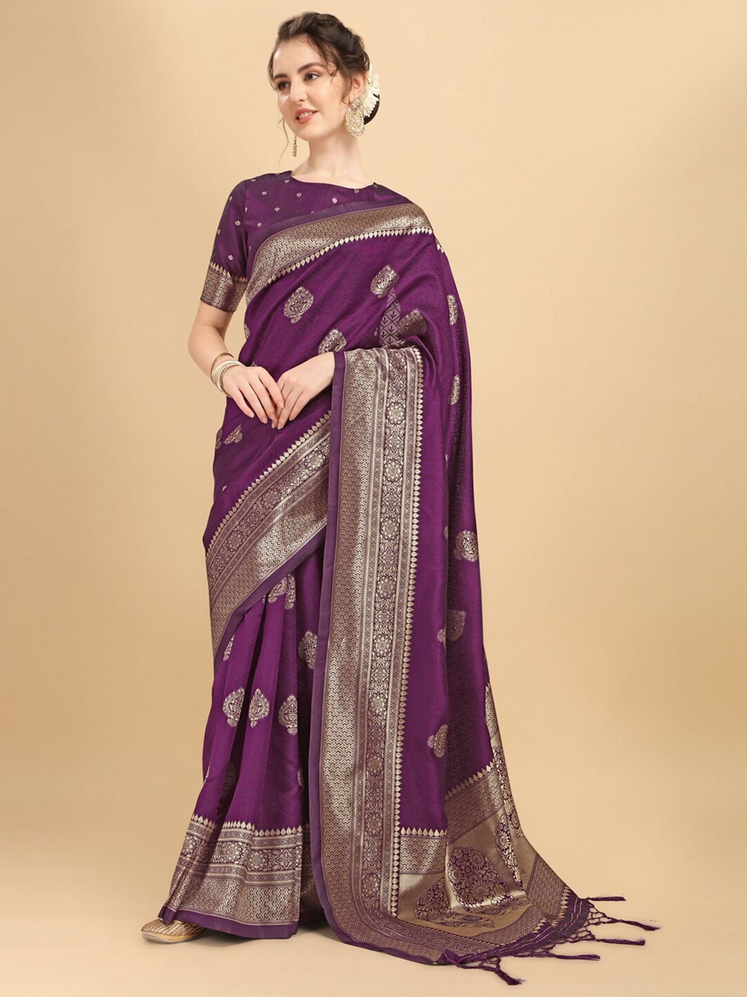 

Inddus Mauve & Gold-Toned Woven Design Zari Silk Blend Saree