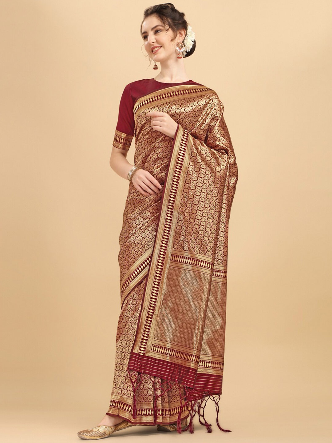 

Inddus Maroon & Gold-Toned Woven Design Zari Silk Blend Saree