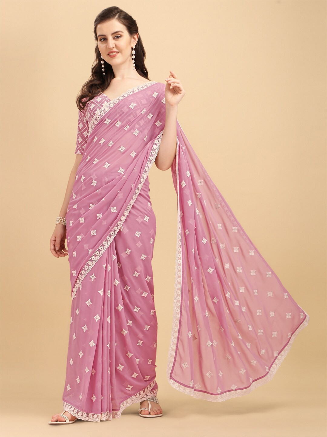 

Inddus Pink & Gold-Toned Floral Embroidered Saree