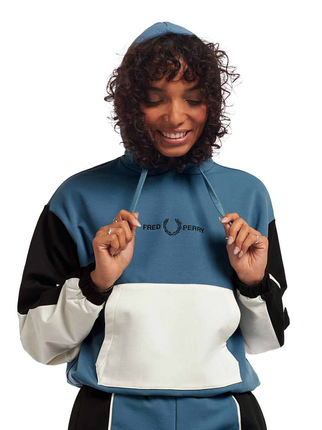 

Fred Perry Women Blue Colourblocked Cotton Hooded Sweatshirt
