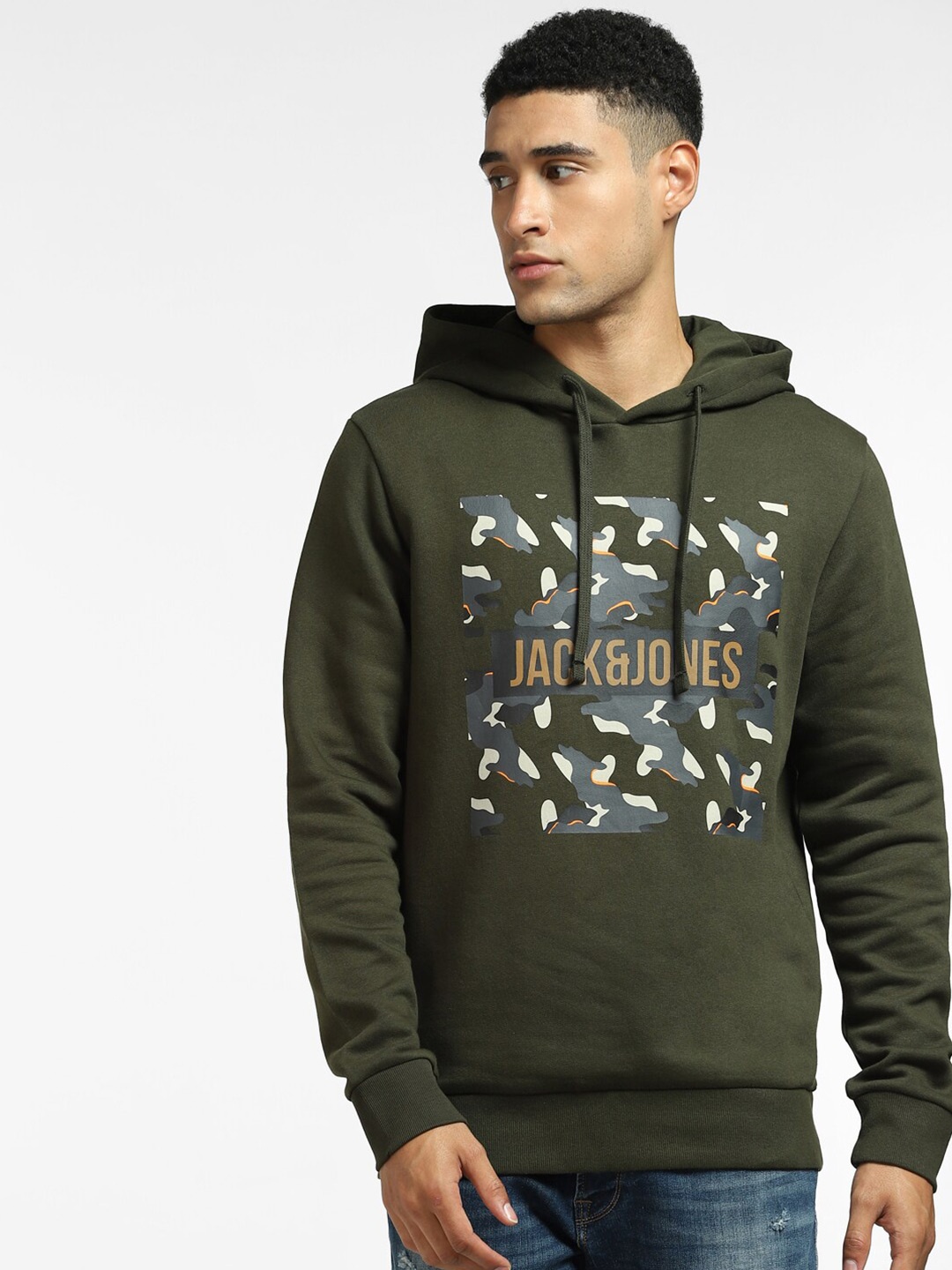 

Jack & Jones Men Green Printed Hooded Sweatshirt