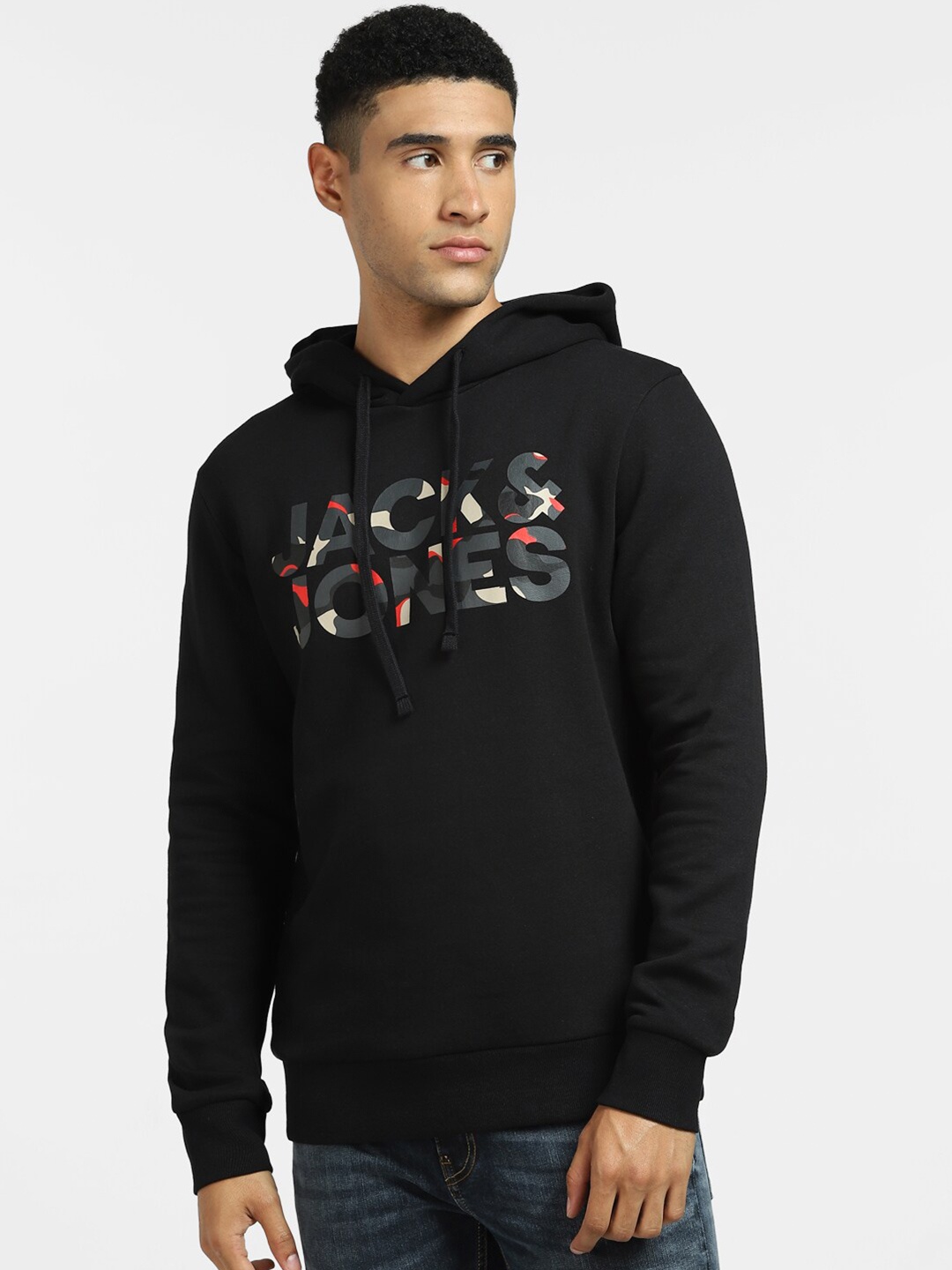 

Jack & Jones Men Black Printed Hooded Sweatshirt