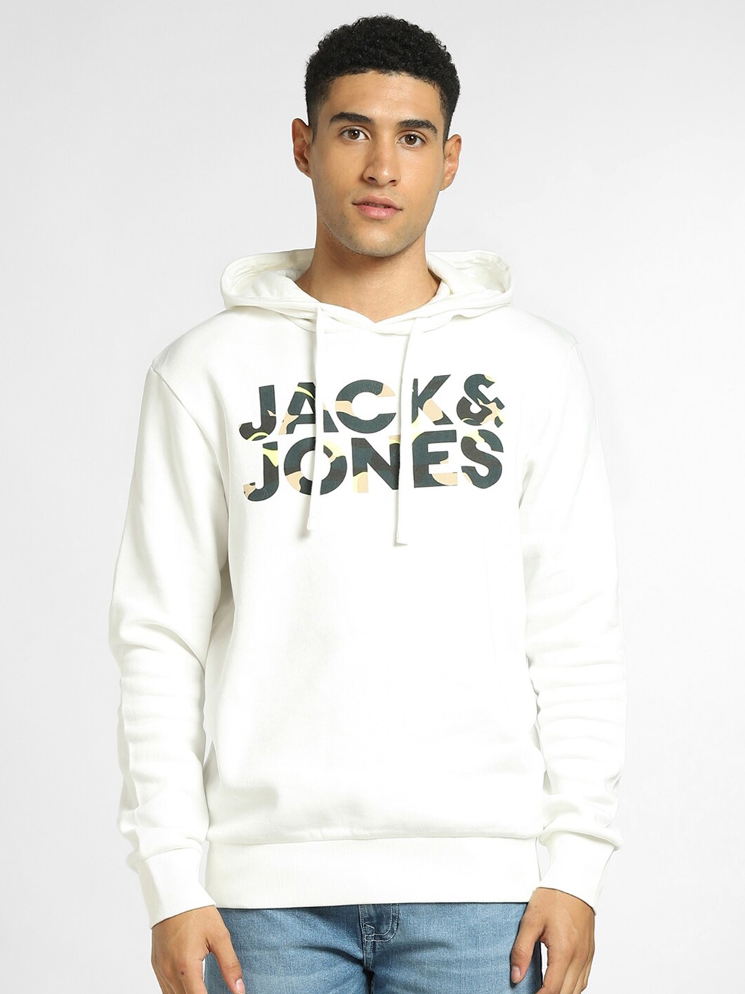 

Jack & Jones Men White Brand Logo Printed Hooded Sweatshirt