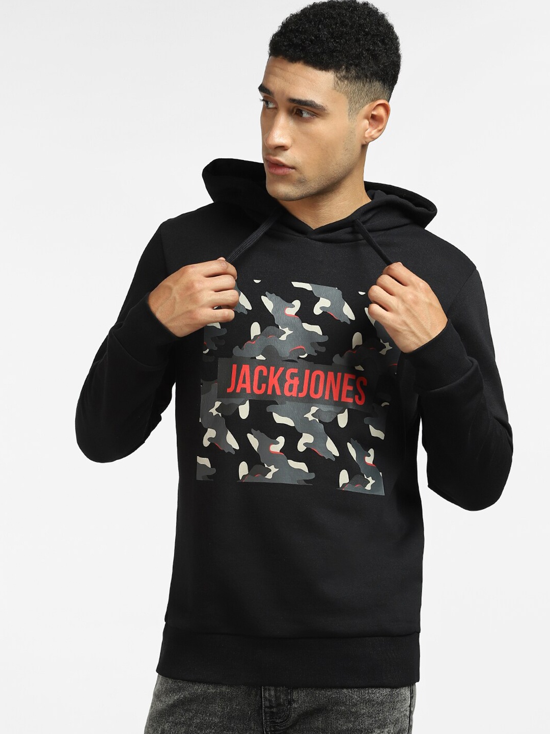 

Jack & Jones Men Black Printed Hooded Sweatshirt