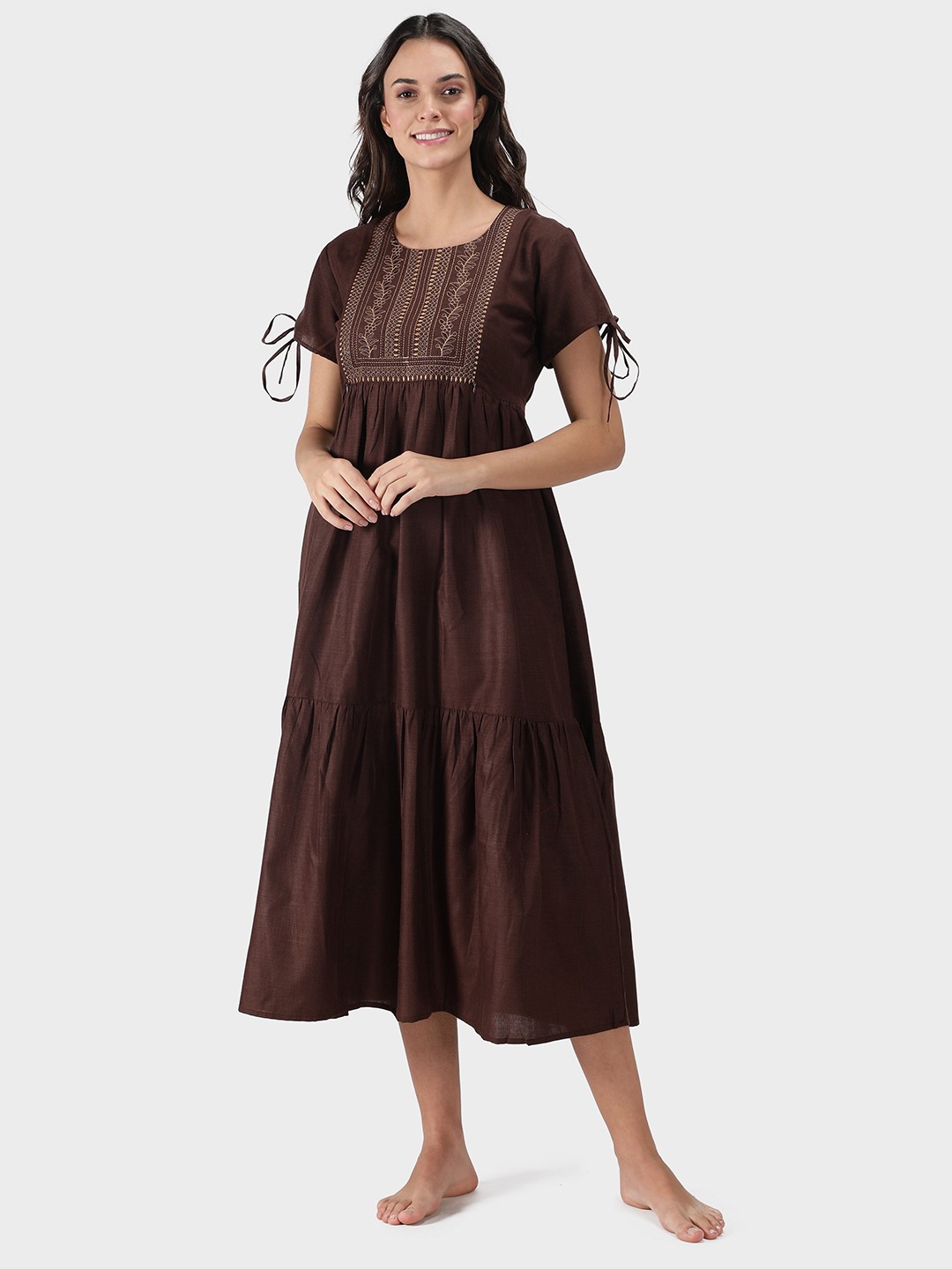 

NIGHTSPREE Brown Embroidered Nightdress