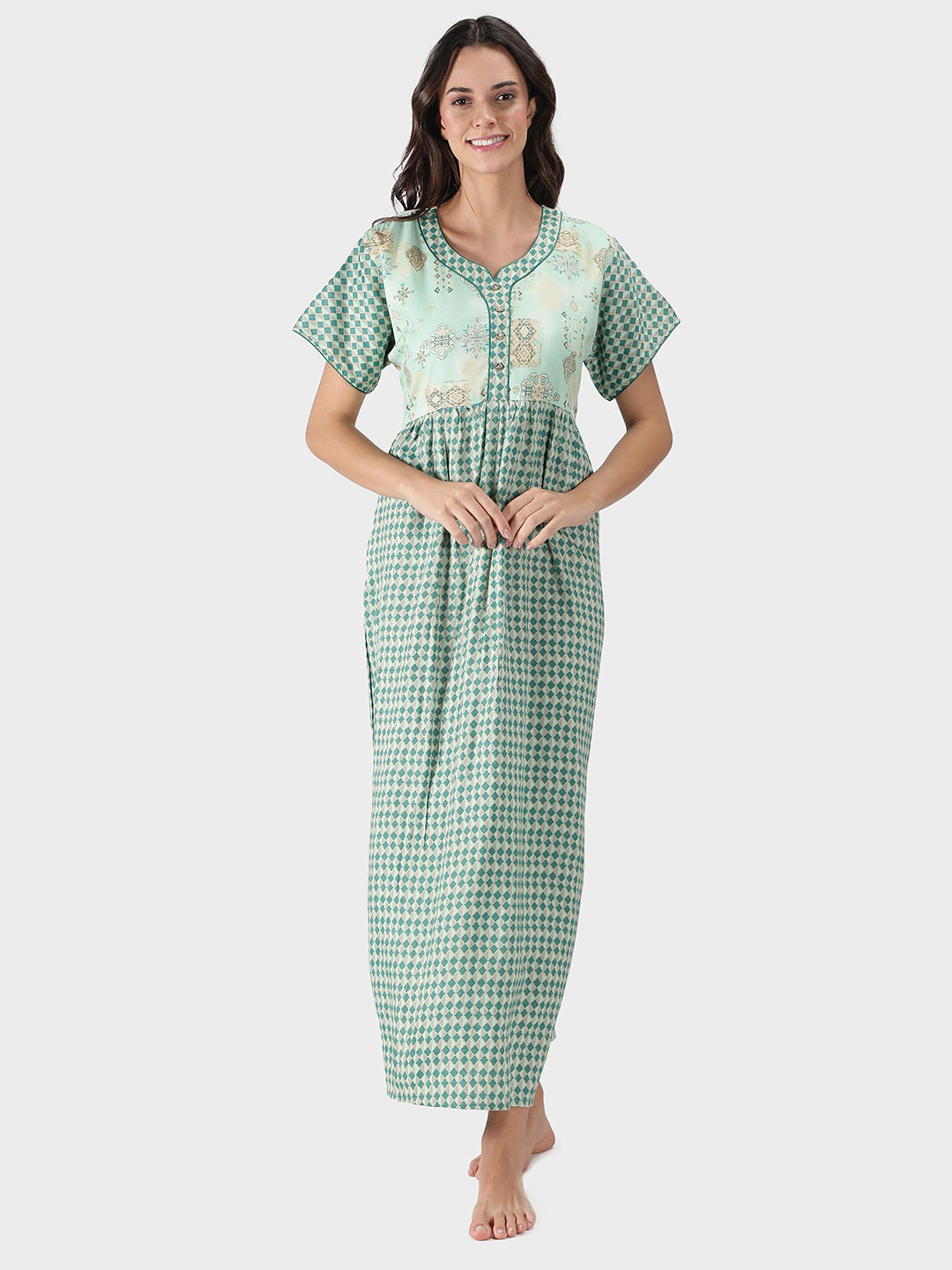 

NIGHTSPREE Green Printed Maxi Nightdress