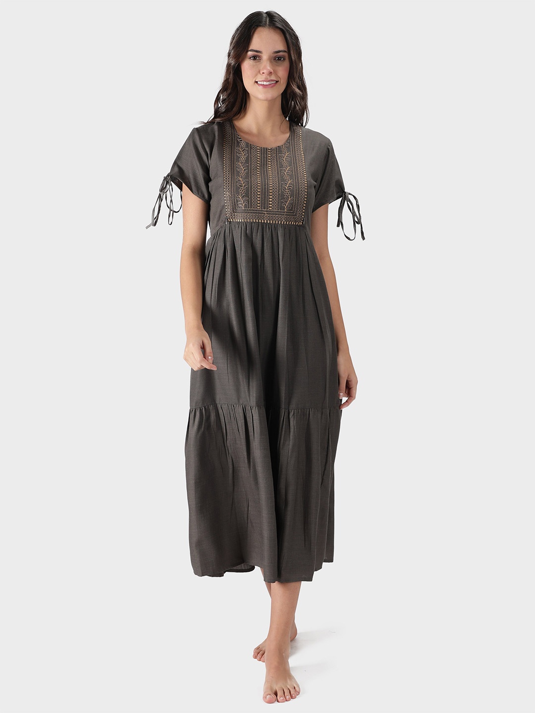 

NIGHTSPREE Grey EmbroideredMaternity Feeding Nightdress