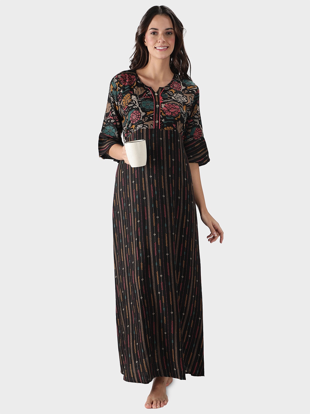

NIGHTSPREE Black Printed Maxi Nightdress