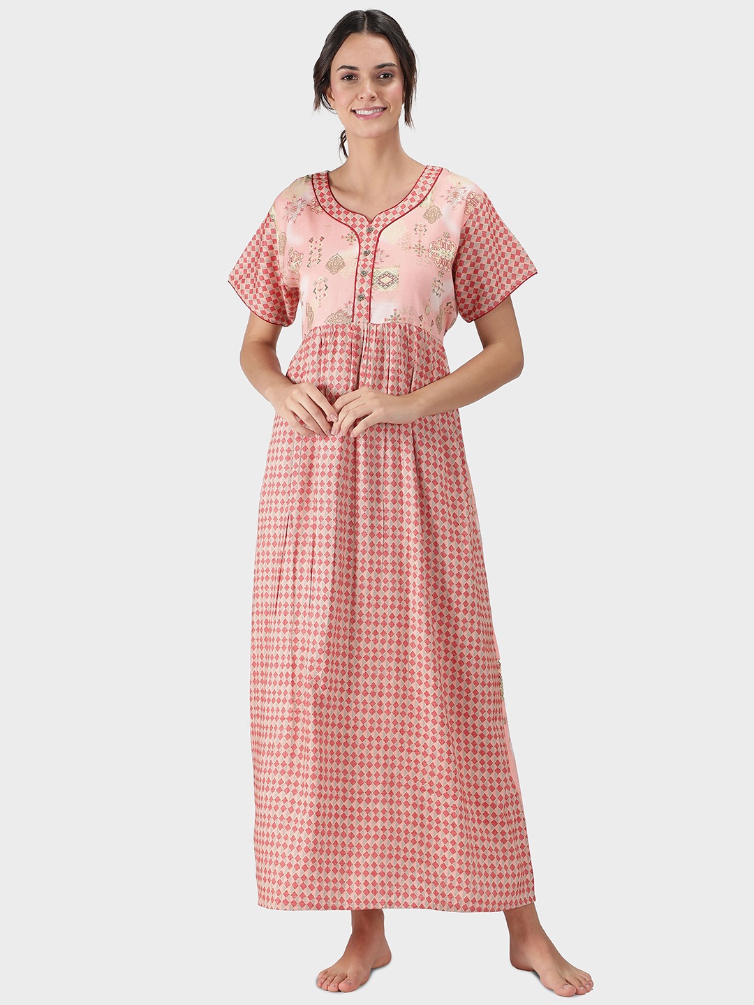 

NIGHTSPREE Pink Printed Maxi Nightdress