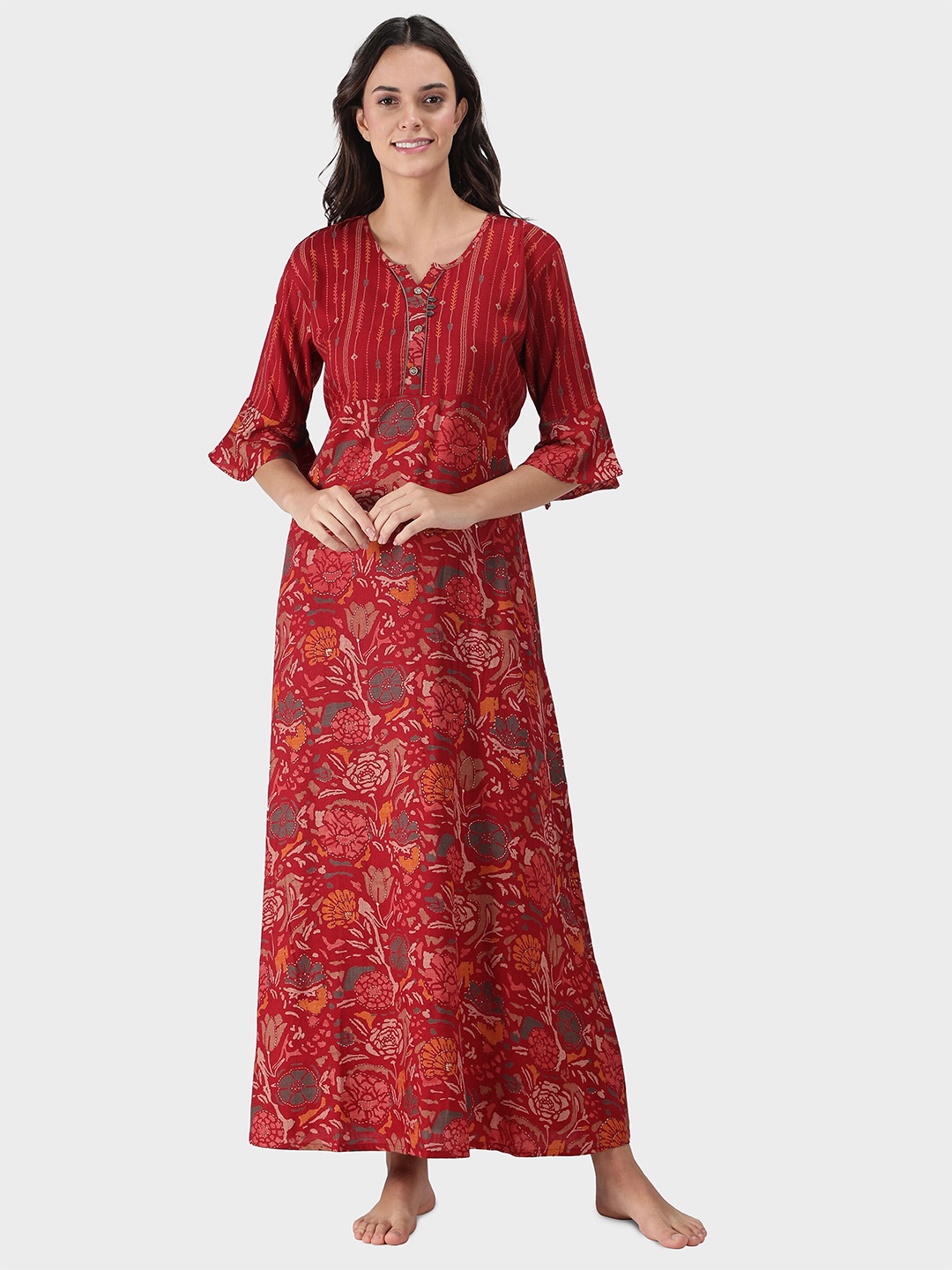 

NIGHTSPREE Red Printed Maxi Nightdress