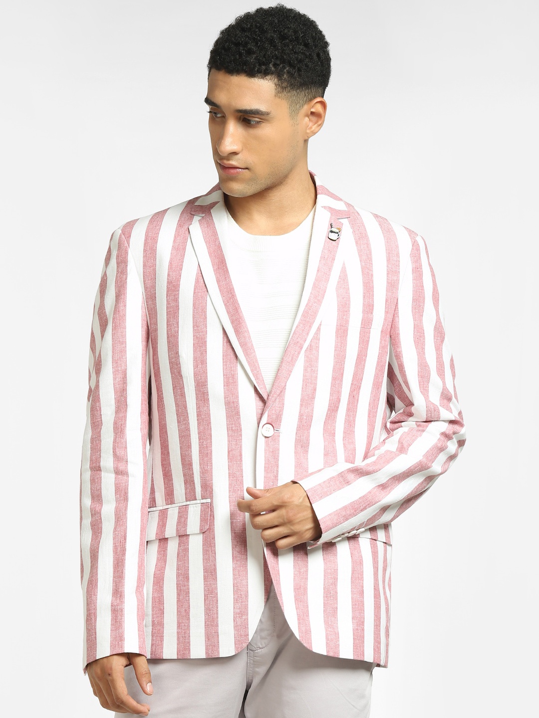 

Jack & Jones Men Pink & White Striped Single Breasted Blazers