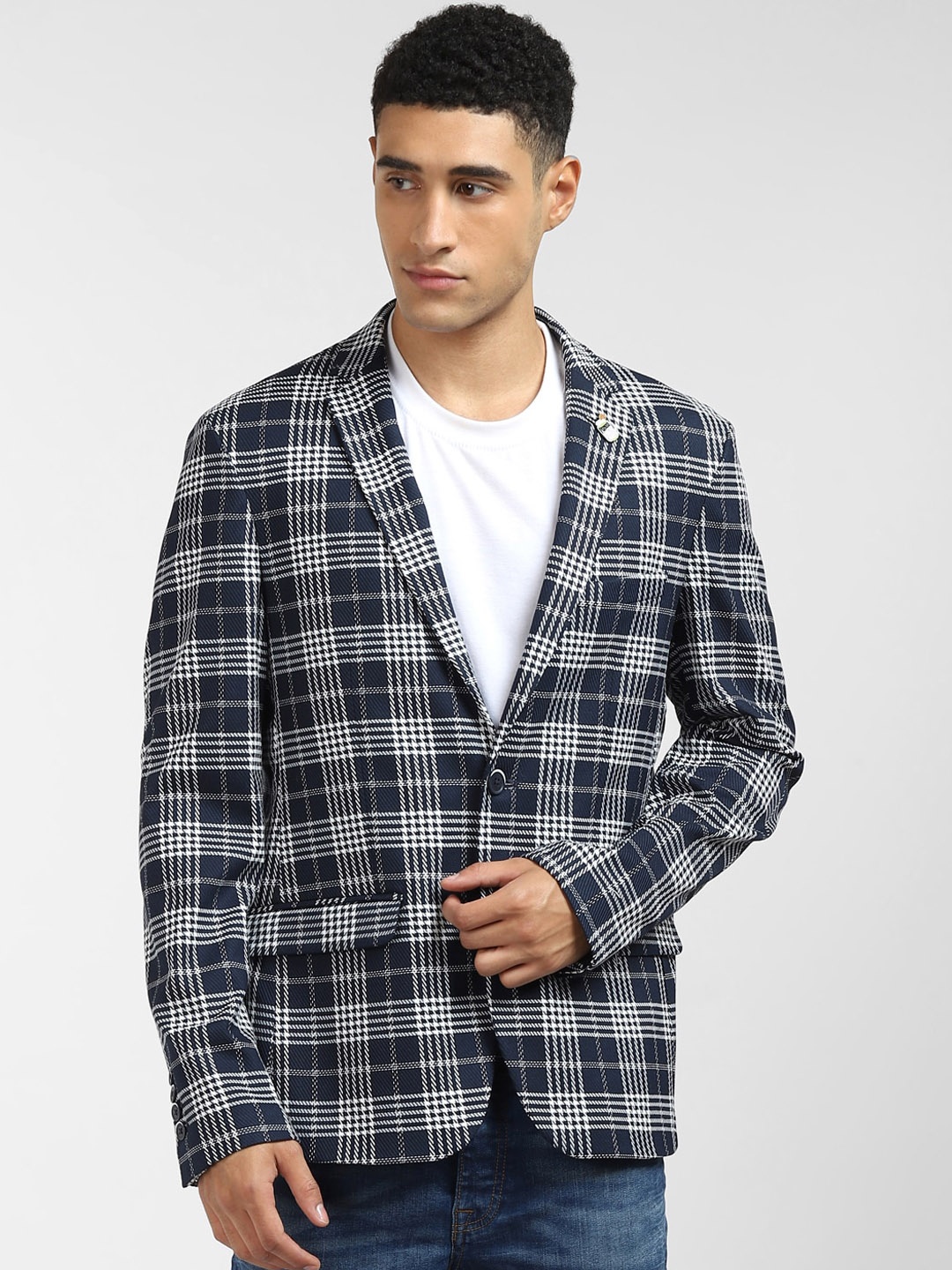 

Jack & Jones Men Blue & White Checked Single-Breasted Blazer