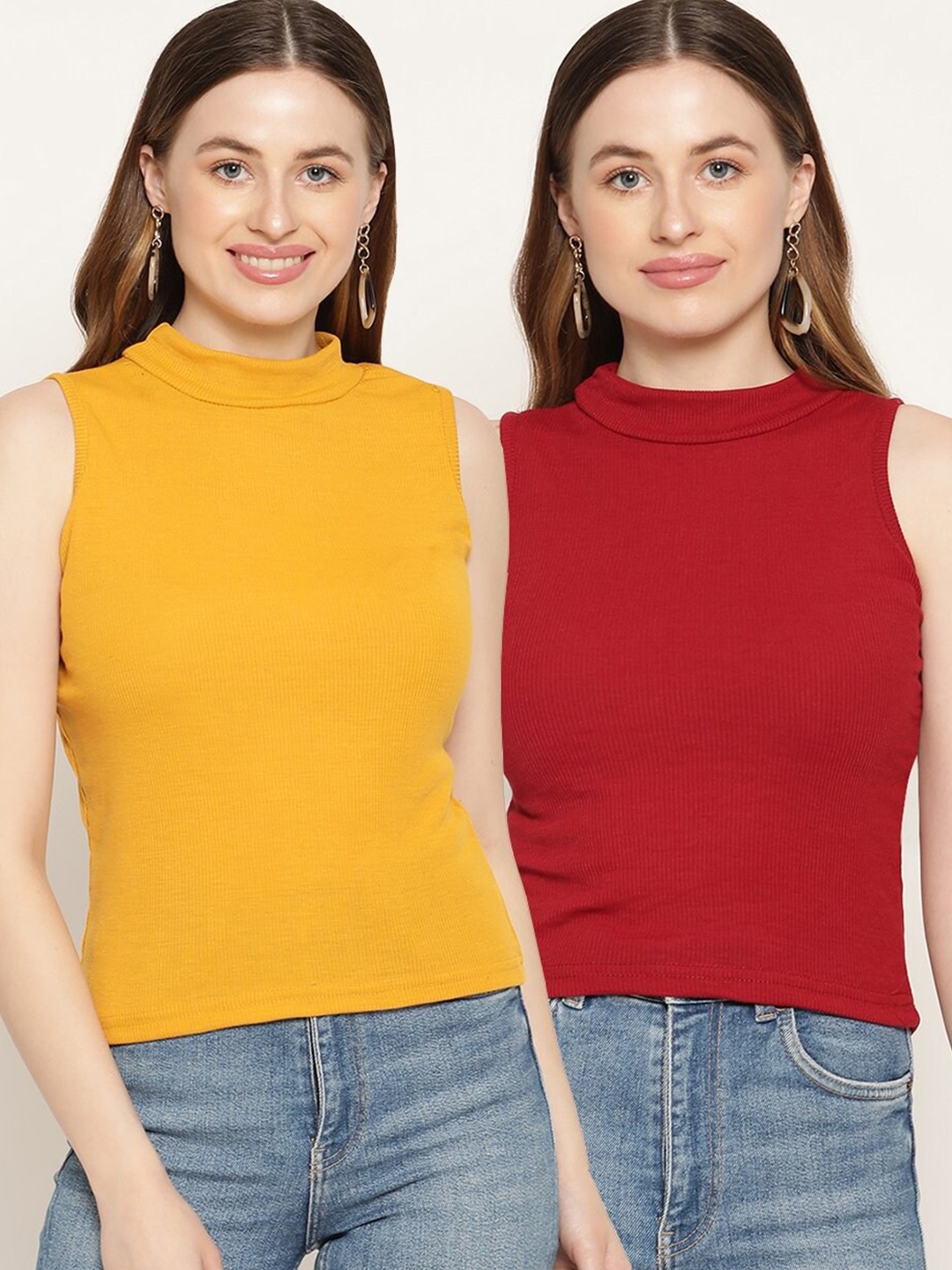 

Miaz Lifestyle Pack of 2 Maroon & Mustard Yellow Solid Top