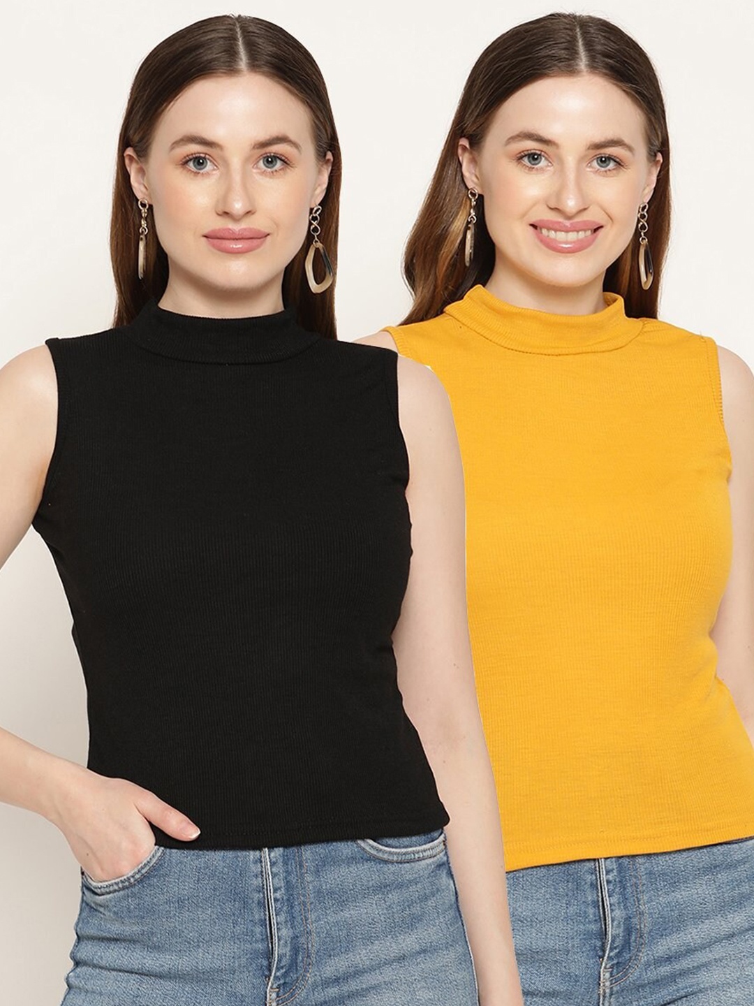 

Miaz Lifestyle Pack Of 2 High Neck Fitted Top, Mustard