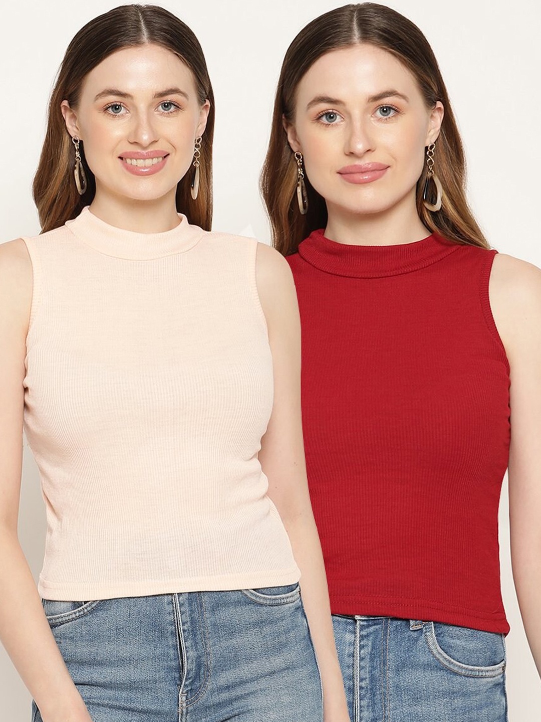 

Miaz Lifestyle Pack Of 2 High Neck Fitted Top, Peach