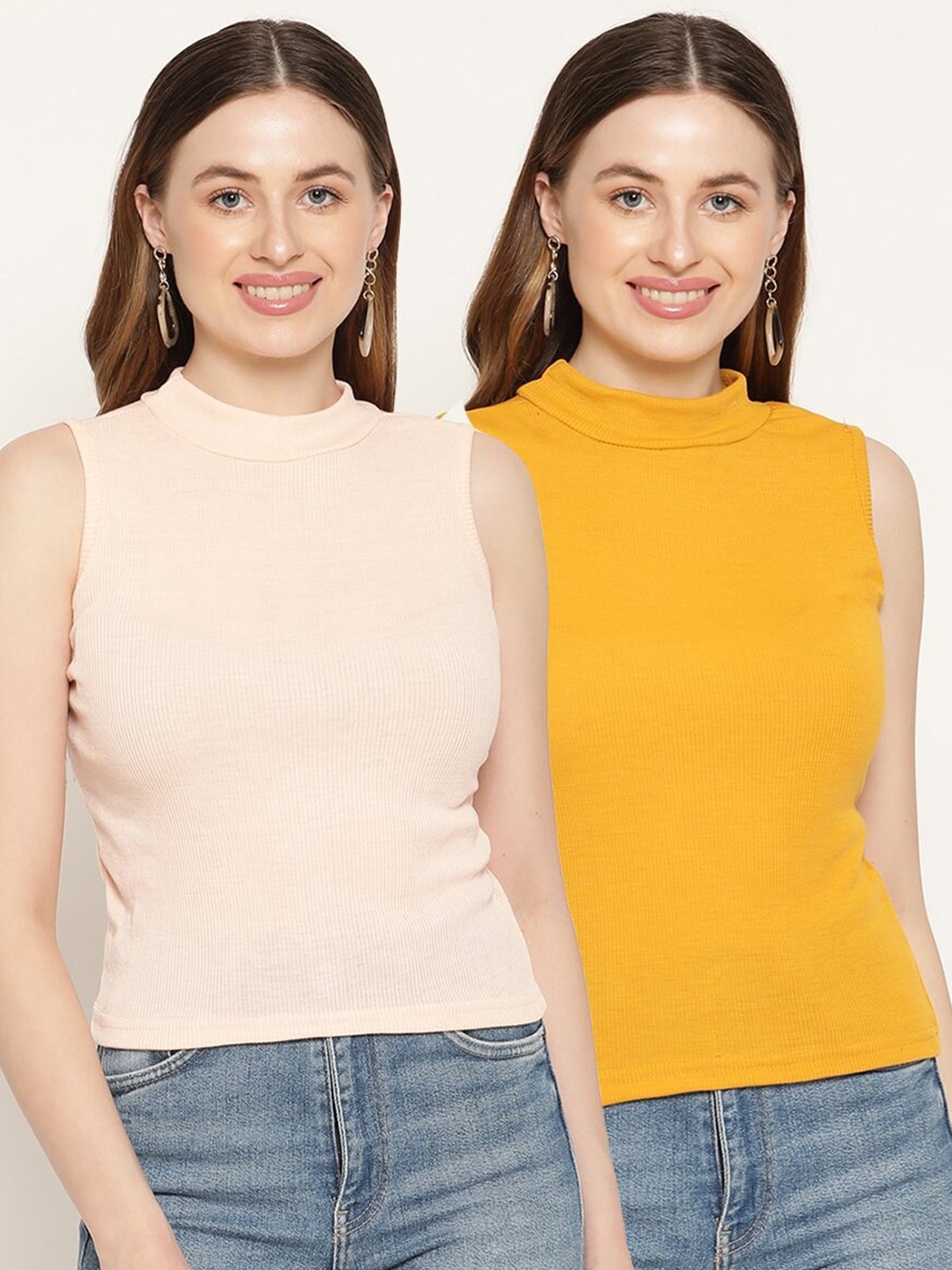 

Miaz Lifestyle Pack Of 2 High Neck Fitted Top, Mustard