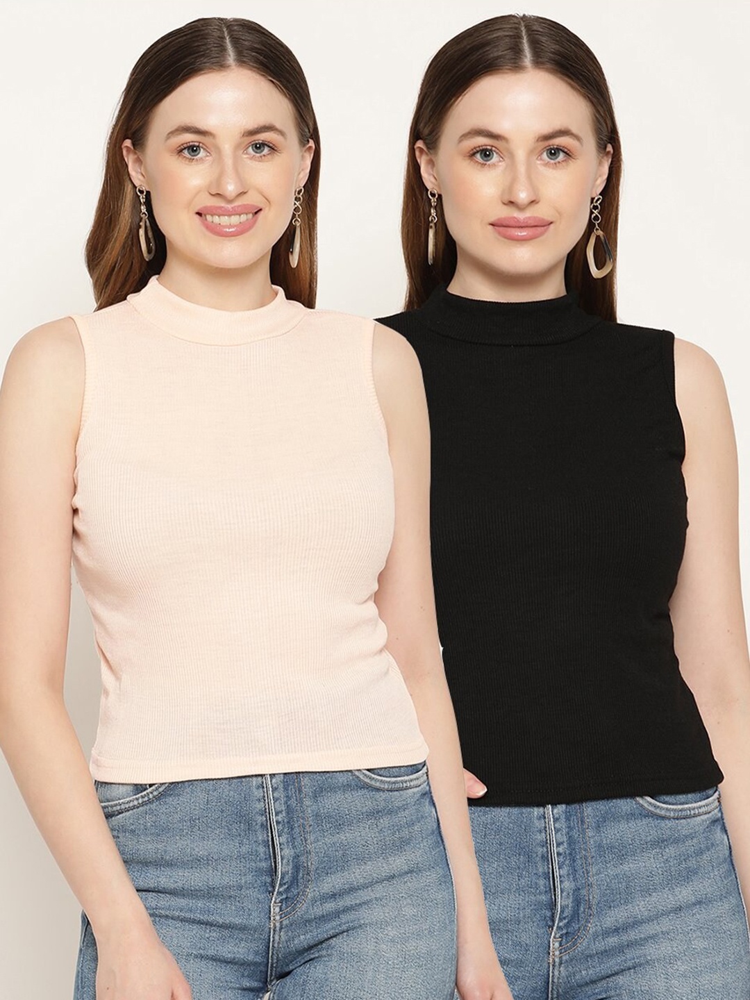 

Miaz Lifestyle Pack Of 2 Peach-Coloured & Black Top