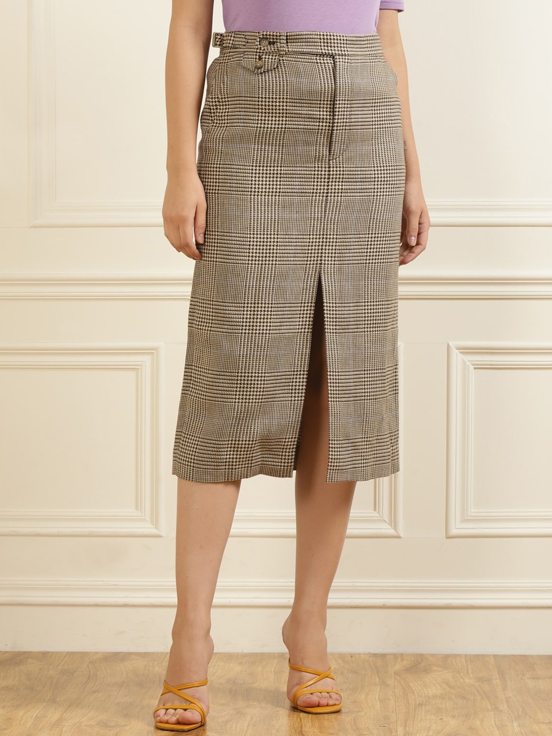 

Polo Ralph Lauren Women Brown Houndstooth Pure Cotton Midi Skirt