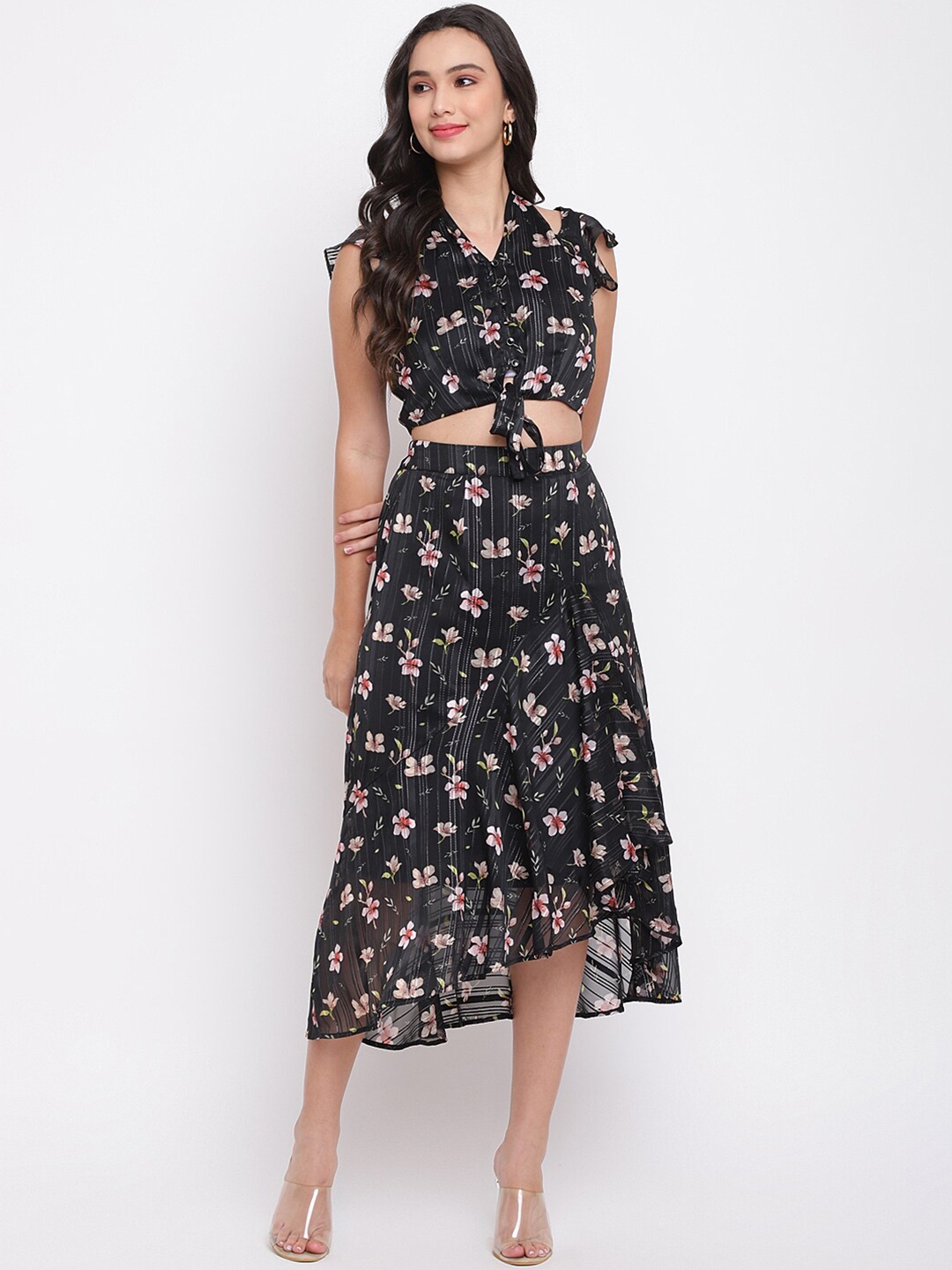 

Latin Quarters Black Floral Print Wrap Cordset With Ruffles & Knot