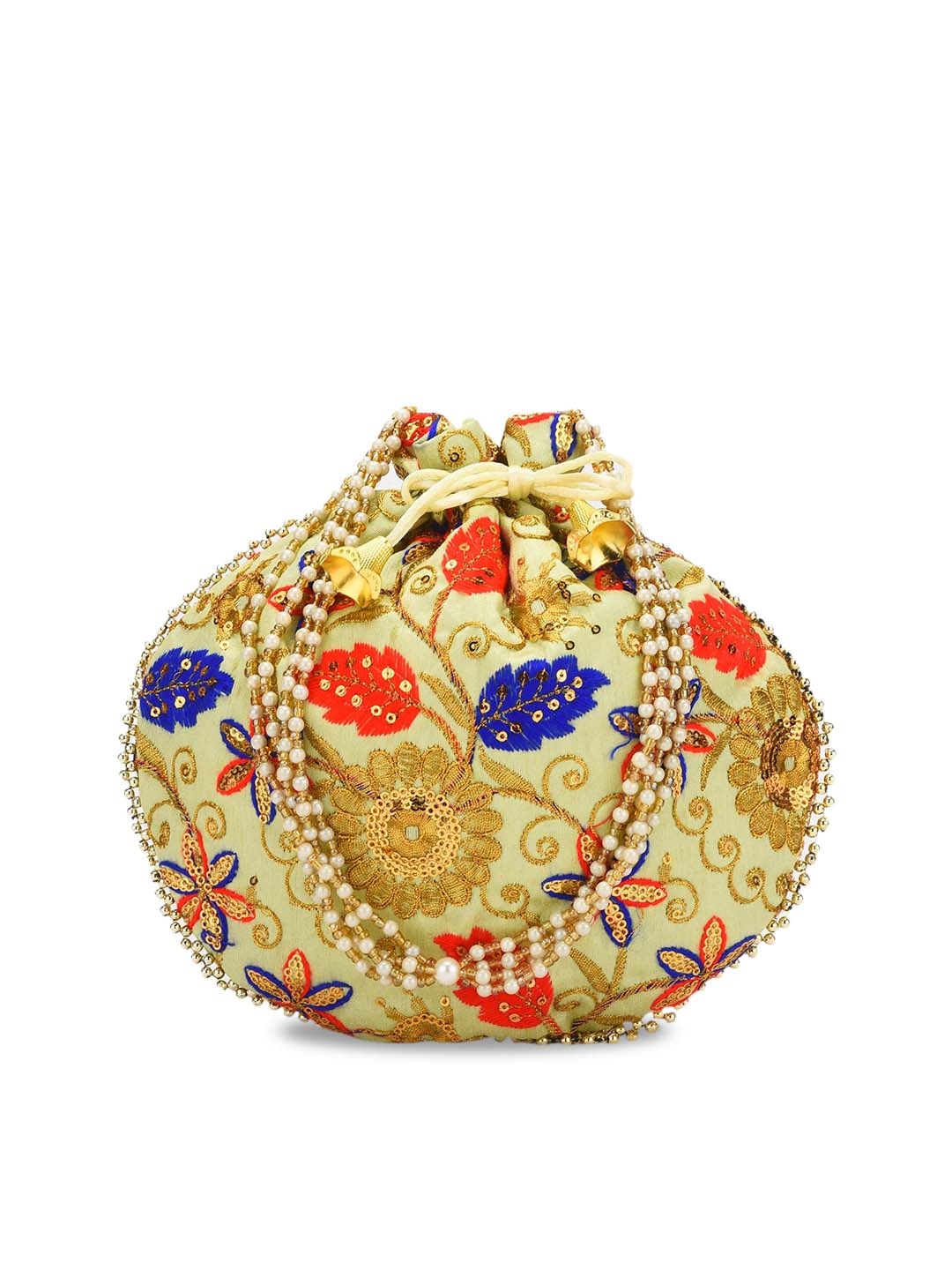 

gaura pakhi Cream-Coloured & Blue Embroidered Potli Clutch