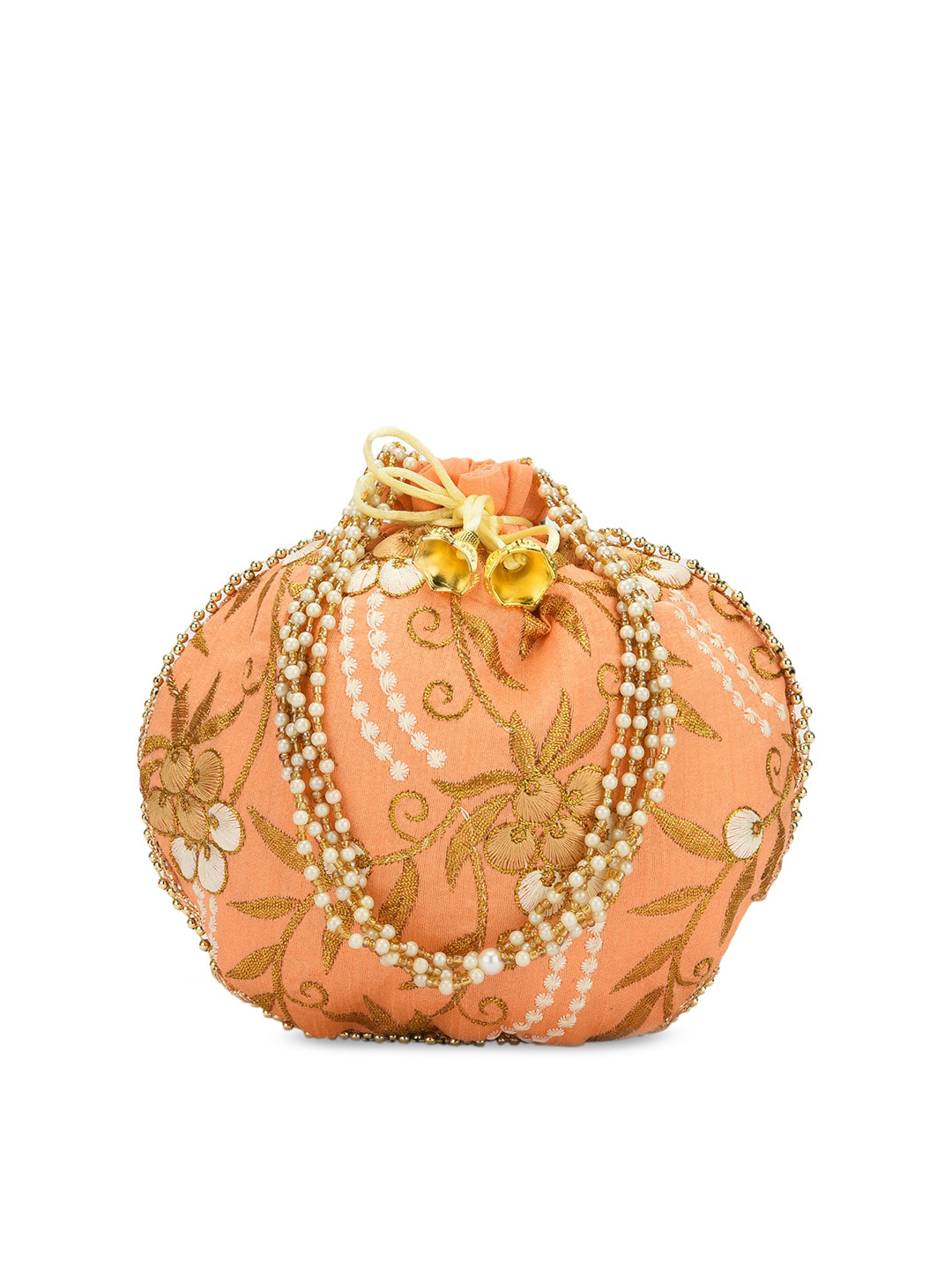 

gaura pakhi Peach-Coloured & Gold-Toned Embroidered Potli Clutch