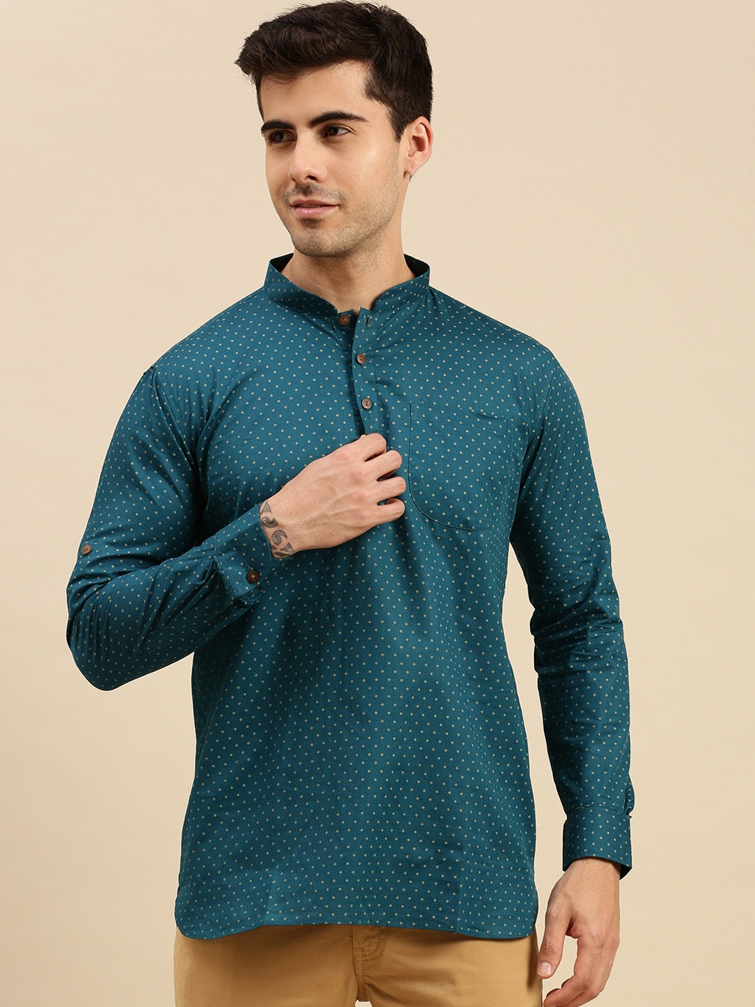 

Sanwara Men Green Geometric Printed Cotton Kurta