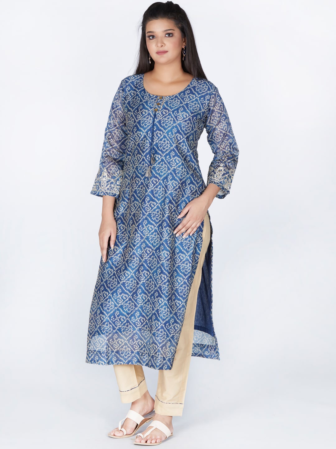 

taruni Women Blue Ethnic Motifs Printed Pleated Chanderi Cotton Kurti with Trousers