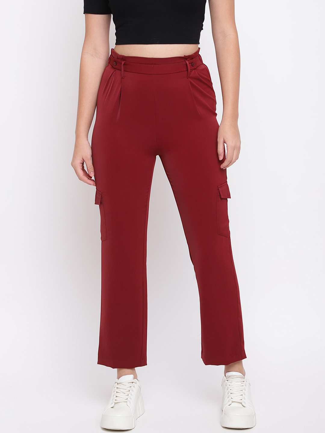 

Latin Quarters Women Maroon Solid Straight Fit Easy Wash Trousers